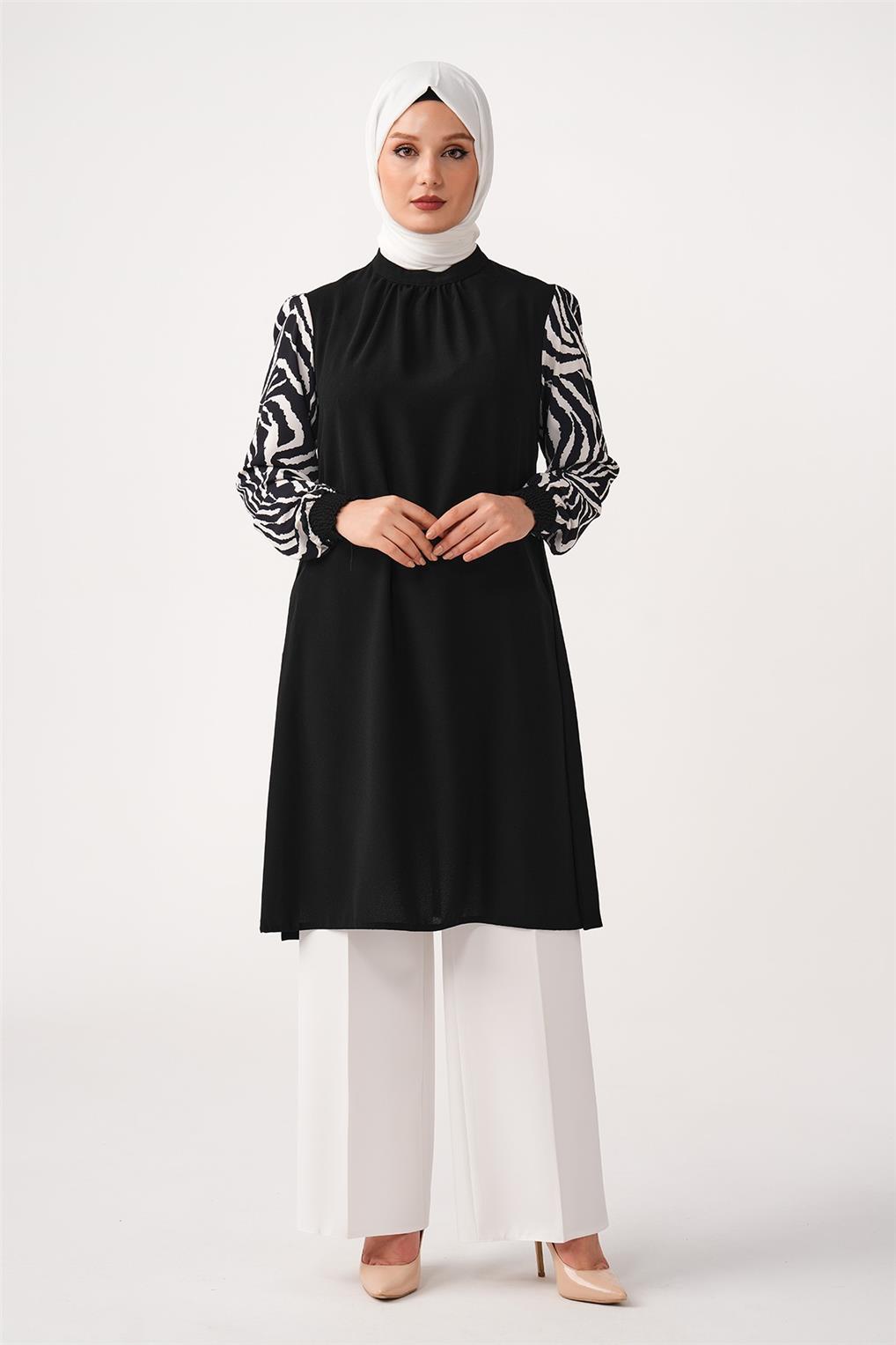 SİTARE  KOLU ZEBRALI TUNİK 23140- Siyah / Beyaz