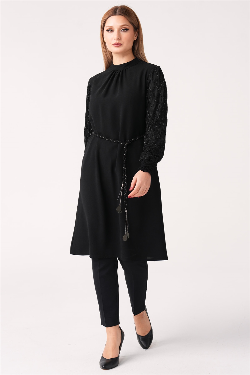SİTARE KREP KOLU DANTELLİ TUNİK 23137- Siyah