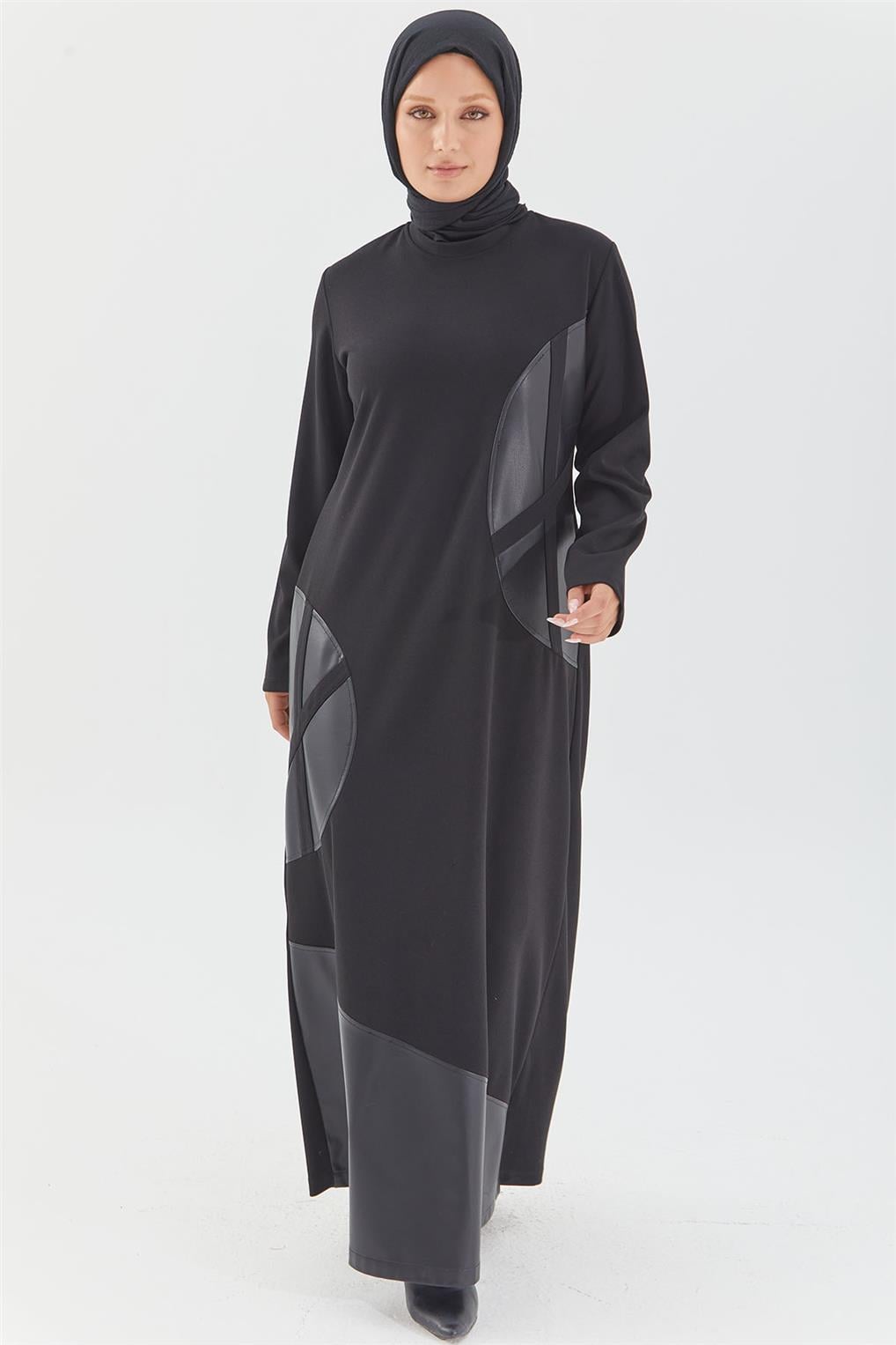 SİTARE PARÇA DERİLİ SCUBA ELBİSE 1569- Siyah