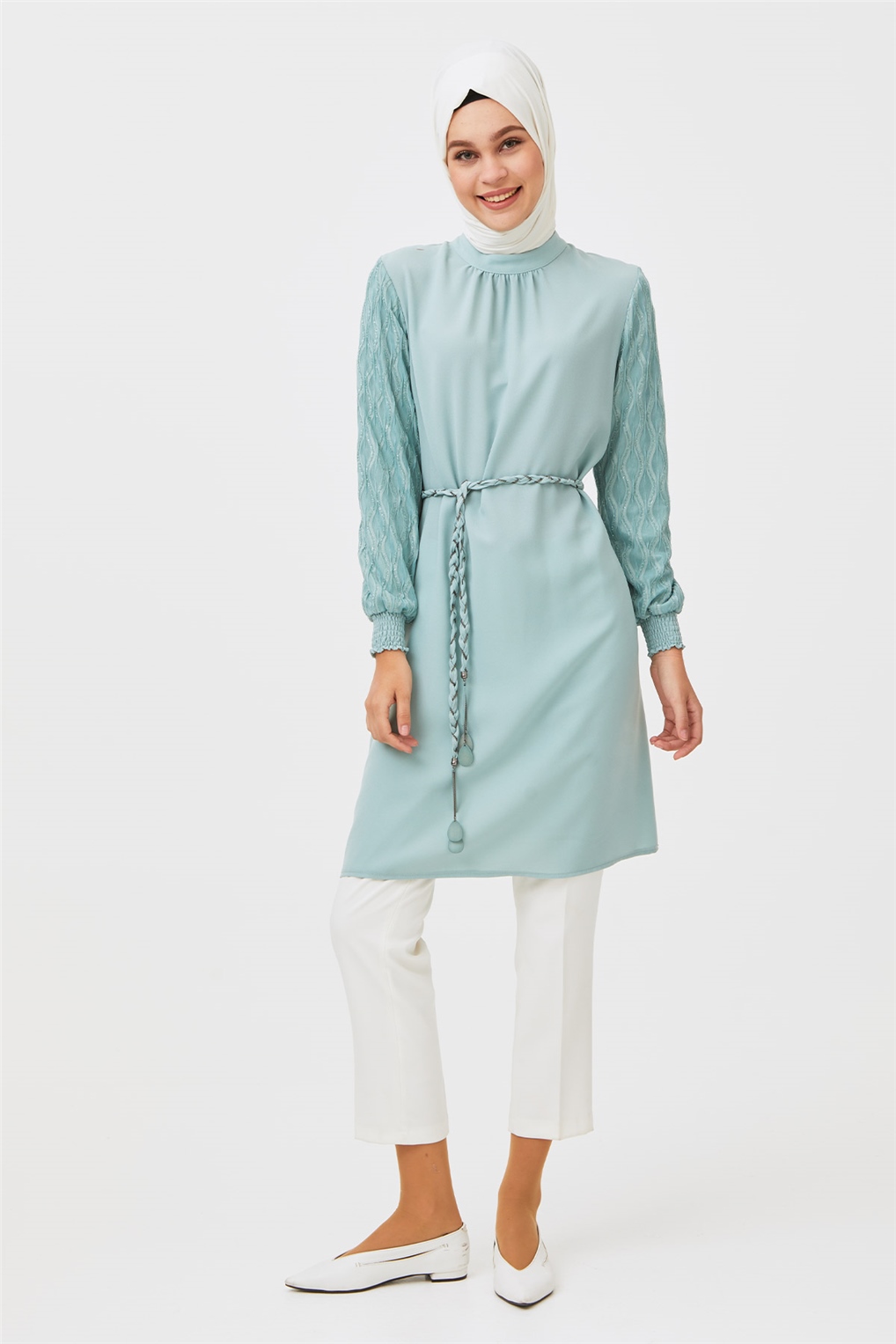 Sitare Roba Krep Kolları Dantelli Tunik- Mint