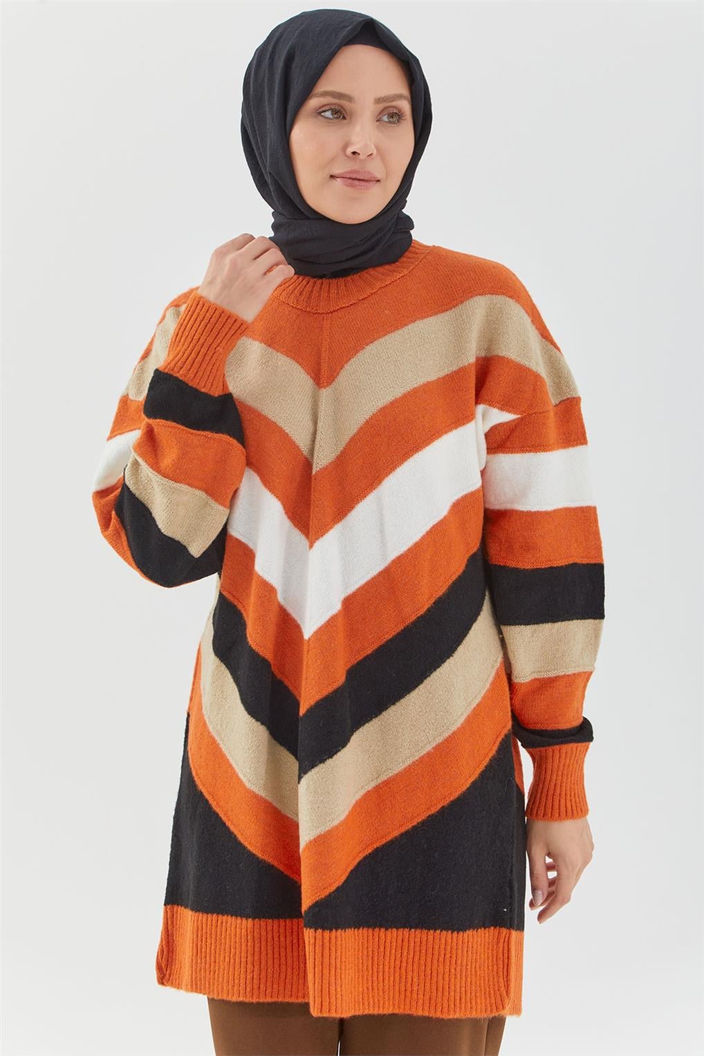 SİTARE V DESEN TRİKO TUNİK 8366- Oranj
