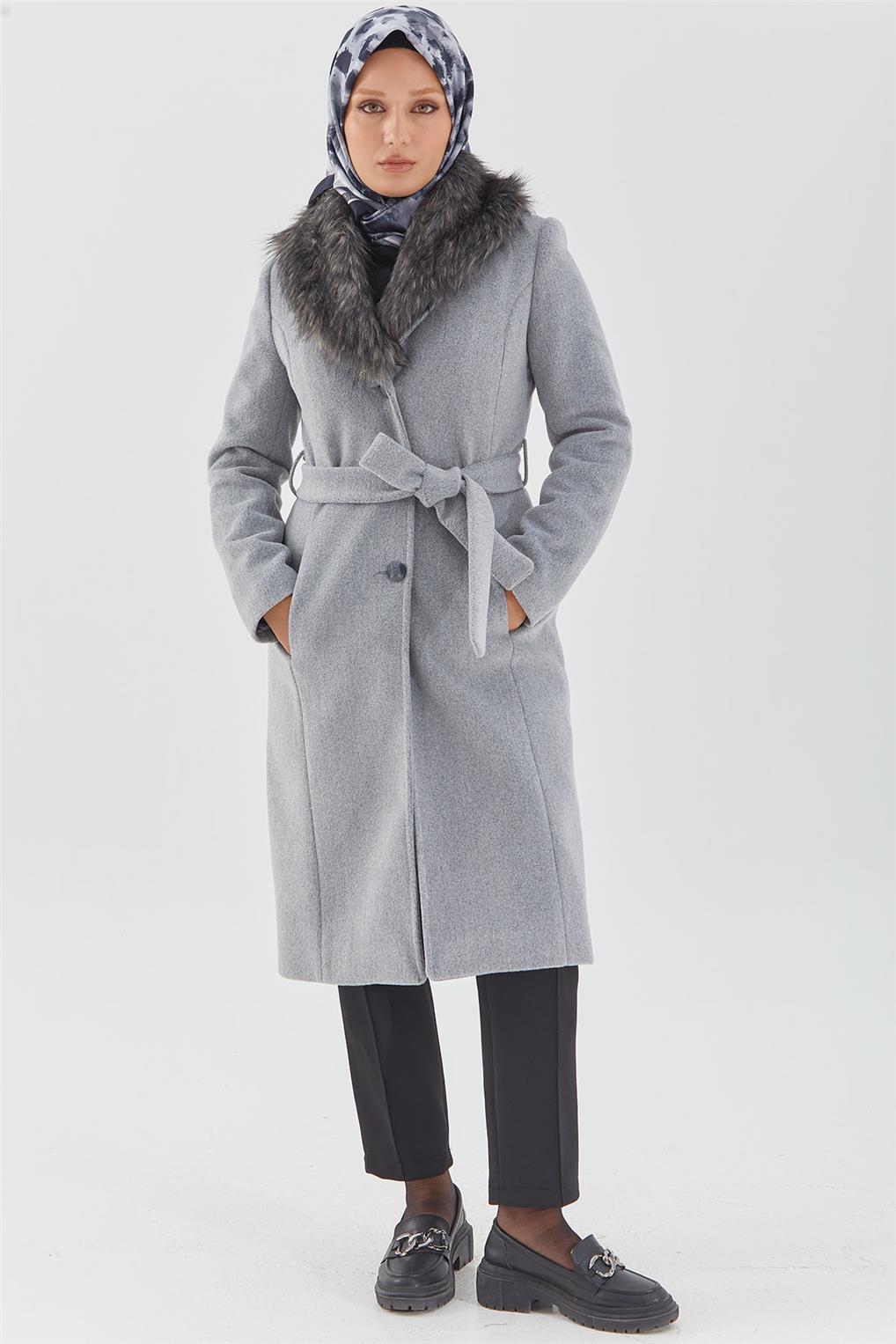 SİTARE YAKA KÜRKLÜ KABAN 240528-1- Gri