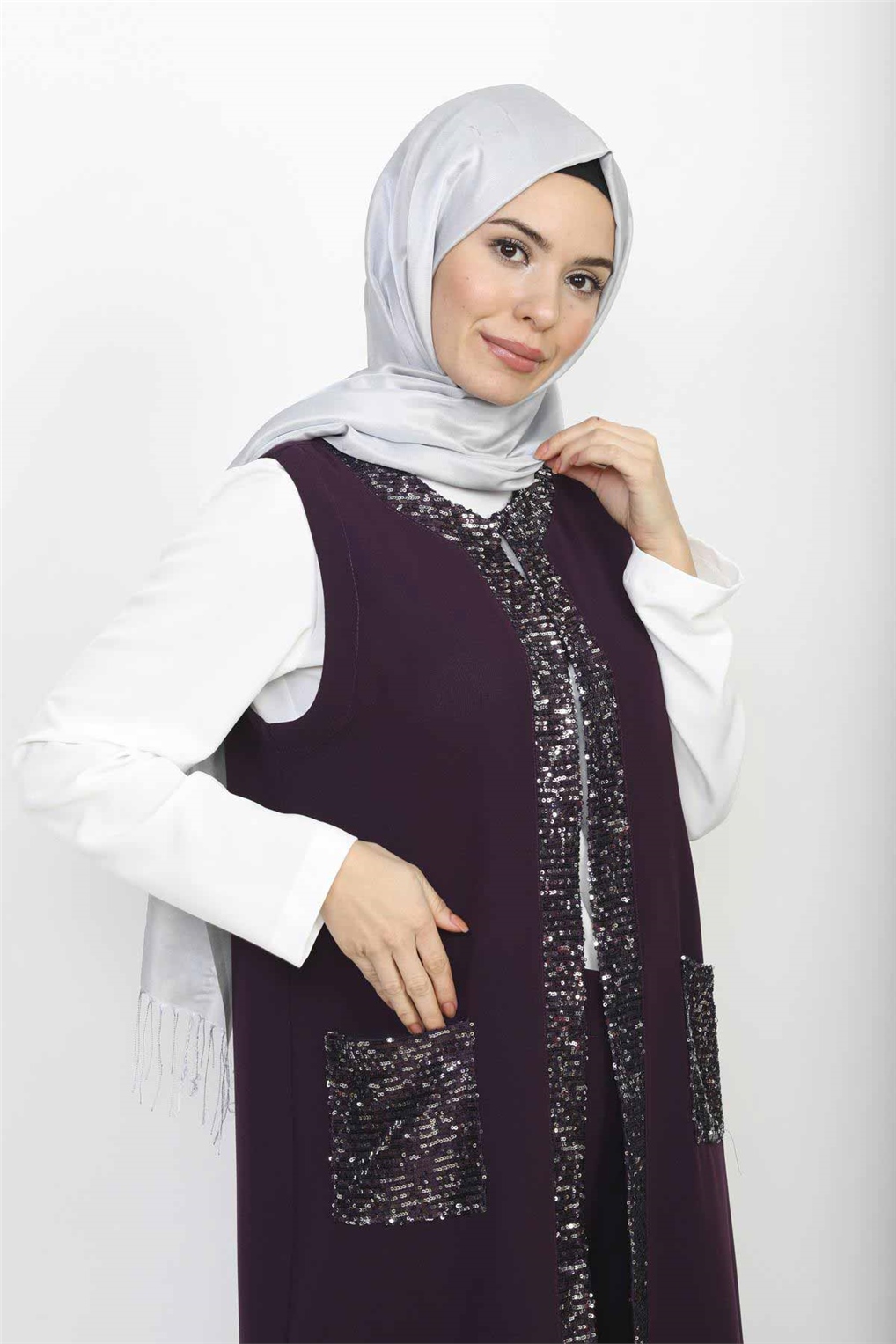 Sitare Yelekli Pantolonlu Üçlü Takım 20Y415- Mürdüm