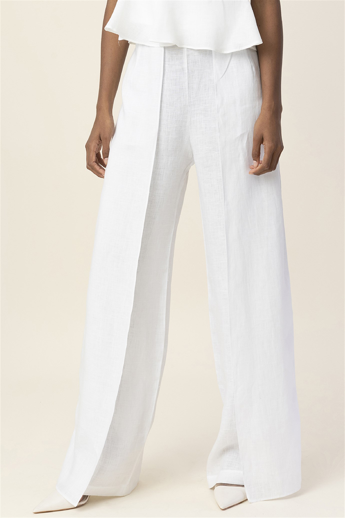 MiiN Beyaz Yüksek Bel Bol Form Keten Pantolon