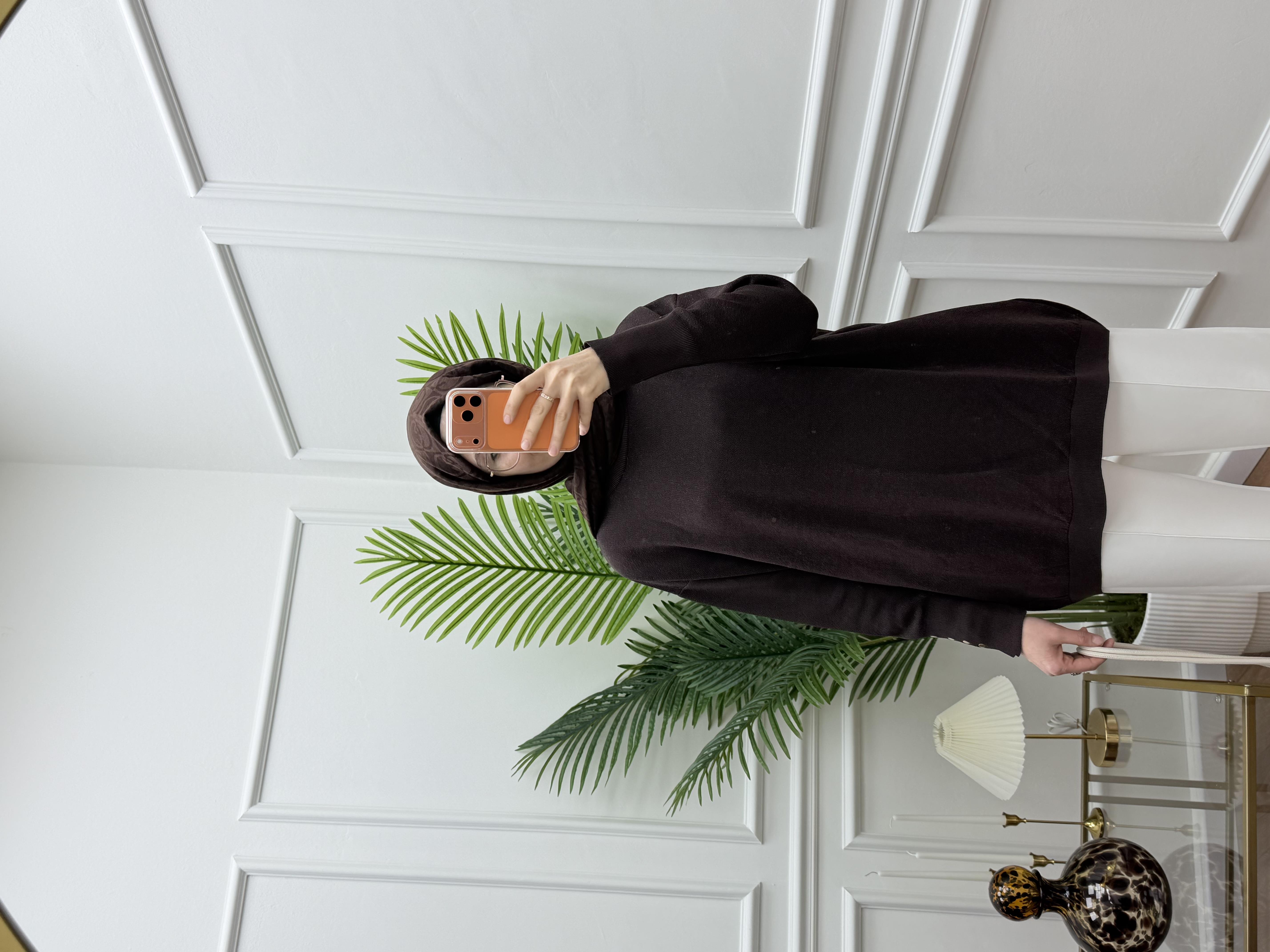 Düğmeli Triko Simli Kahve