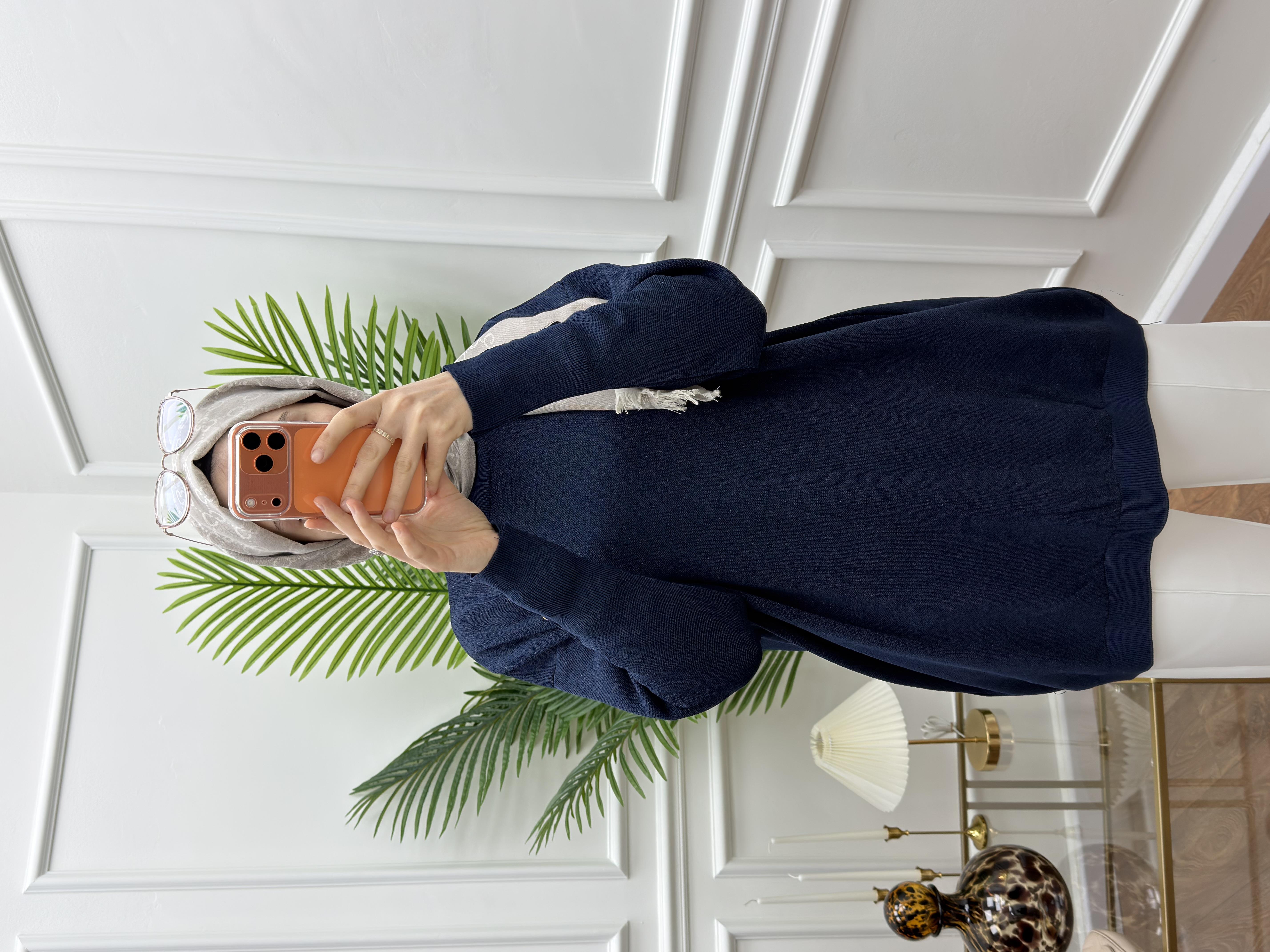 Düğmeli Triko Simli Lacivert