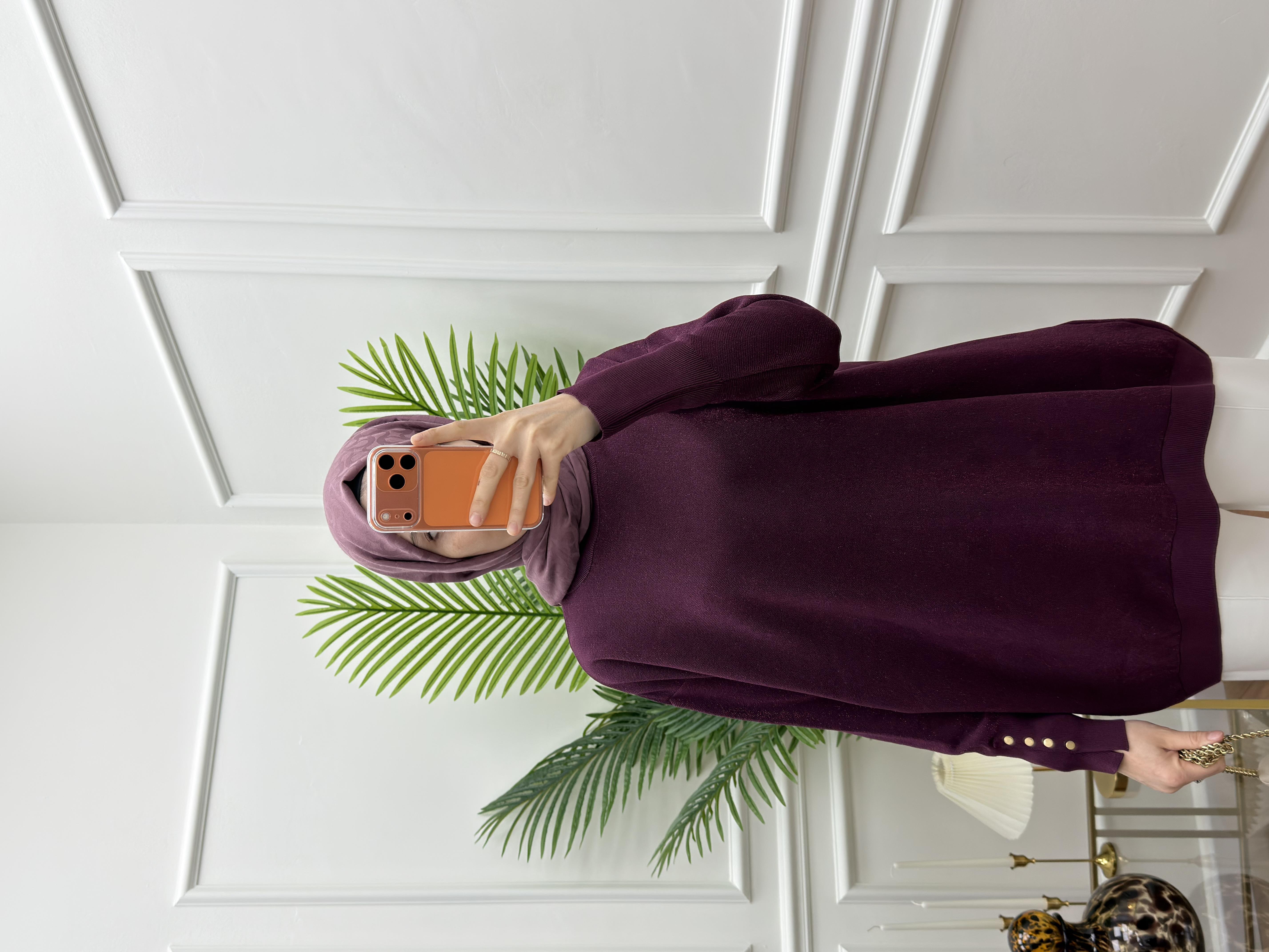 Düğmeli Triko Simli Mürdüm