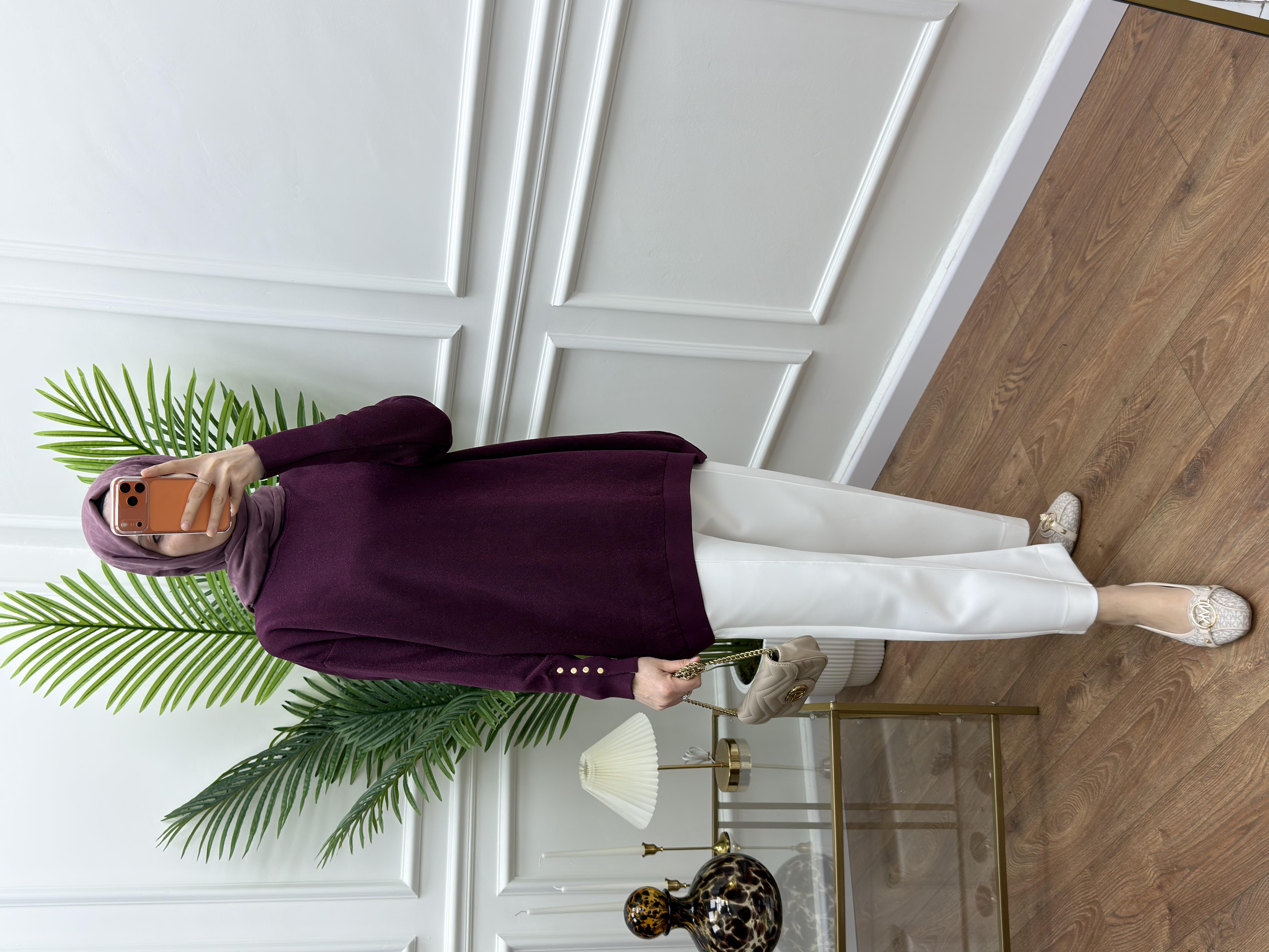 Düğmeli Triko Simli Mürdüm