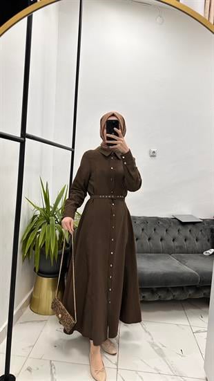Dilimli Kupra Elbise Kahve