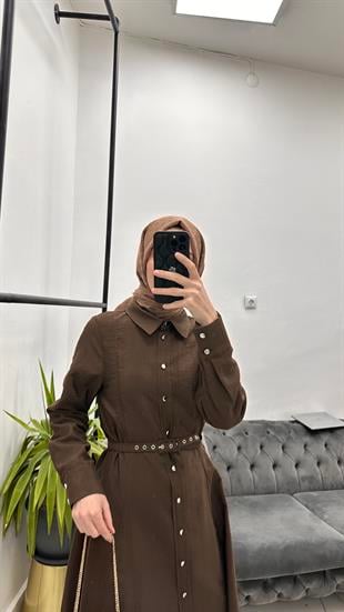 Dilimli Kupra Elbise Kahve