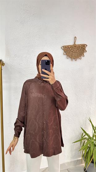 Saten Simli Kahve Gömlek