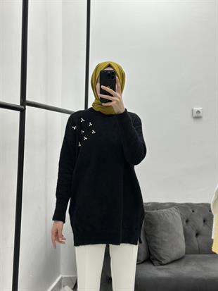 Taşlı Yumoş Triko Siyah