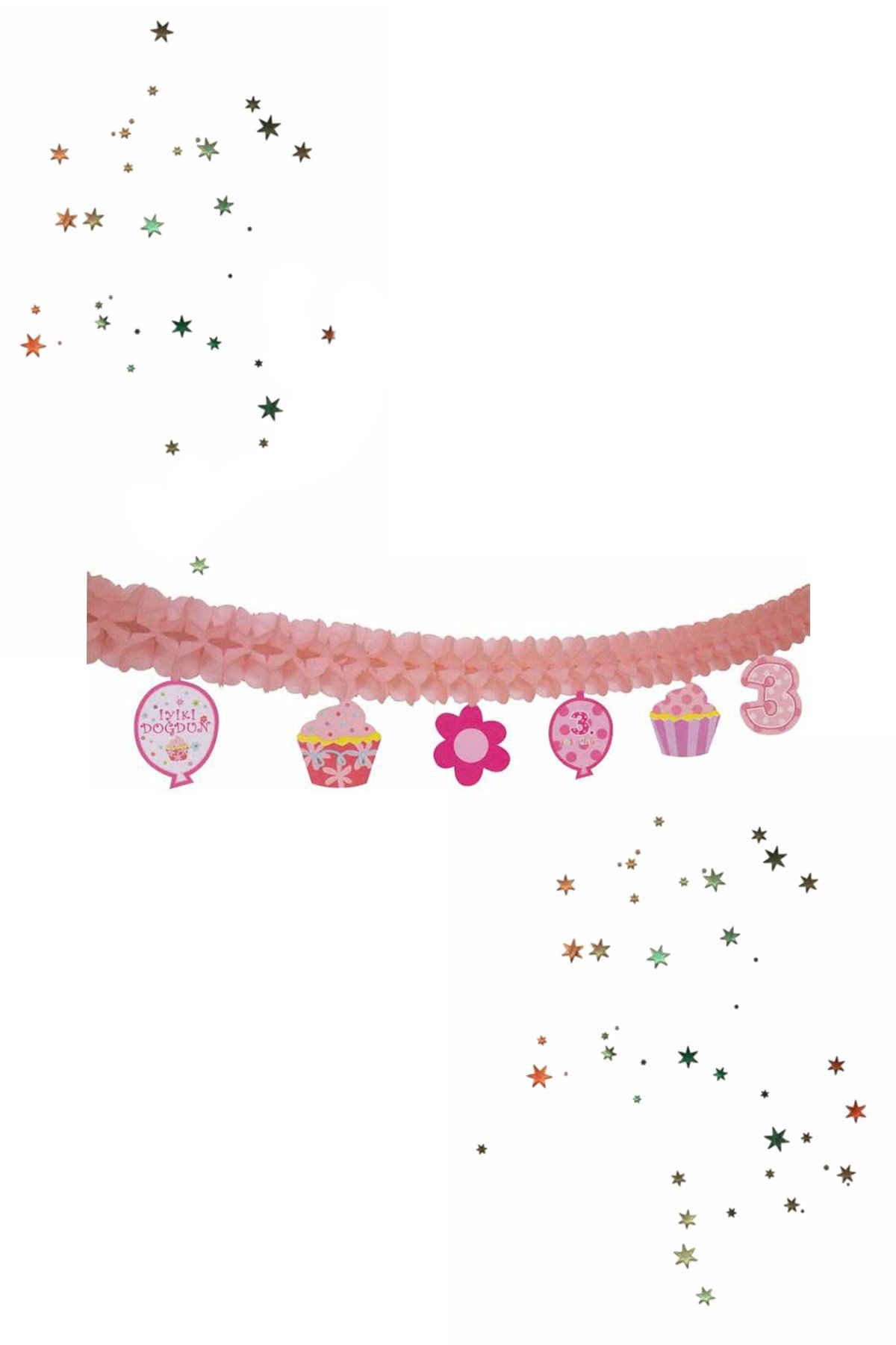 Zincir Akordeon Süs 3 Yaş Temalı Doğum Günü Pembe 300cmPartistST2082