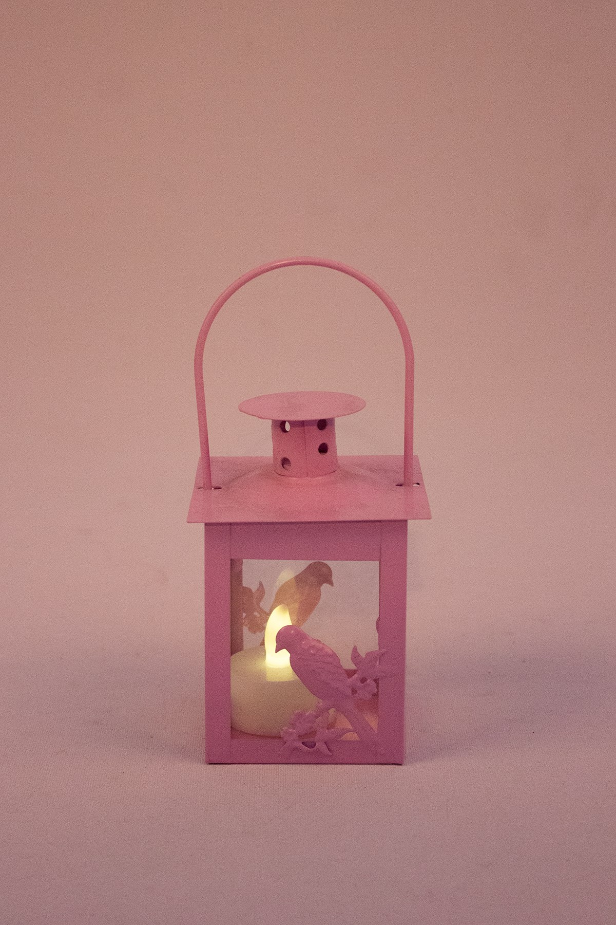 Kuş Desenli Dekoratif Cam Mumluk Pembe 7*11cmPartistST3702