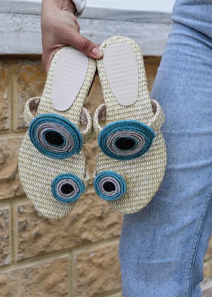  Zeyna Hasır Parmakarası Nazar Boncuk  Taş Detaylı Kadın Terlik