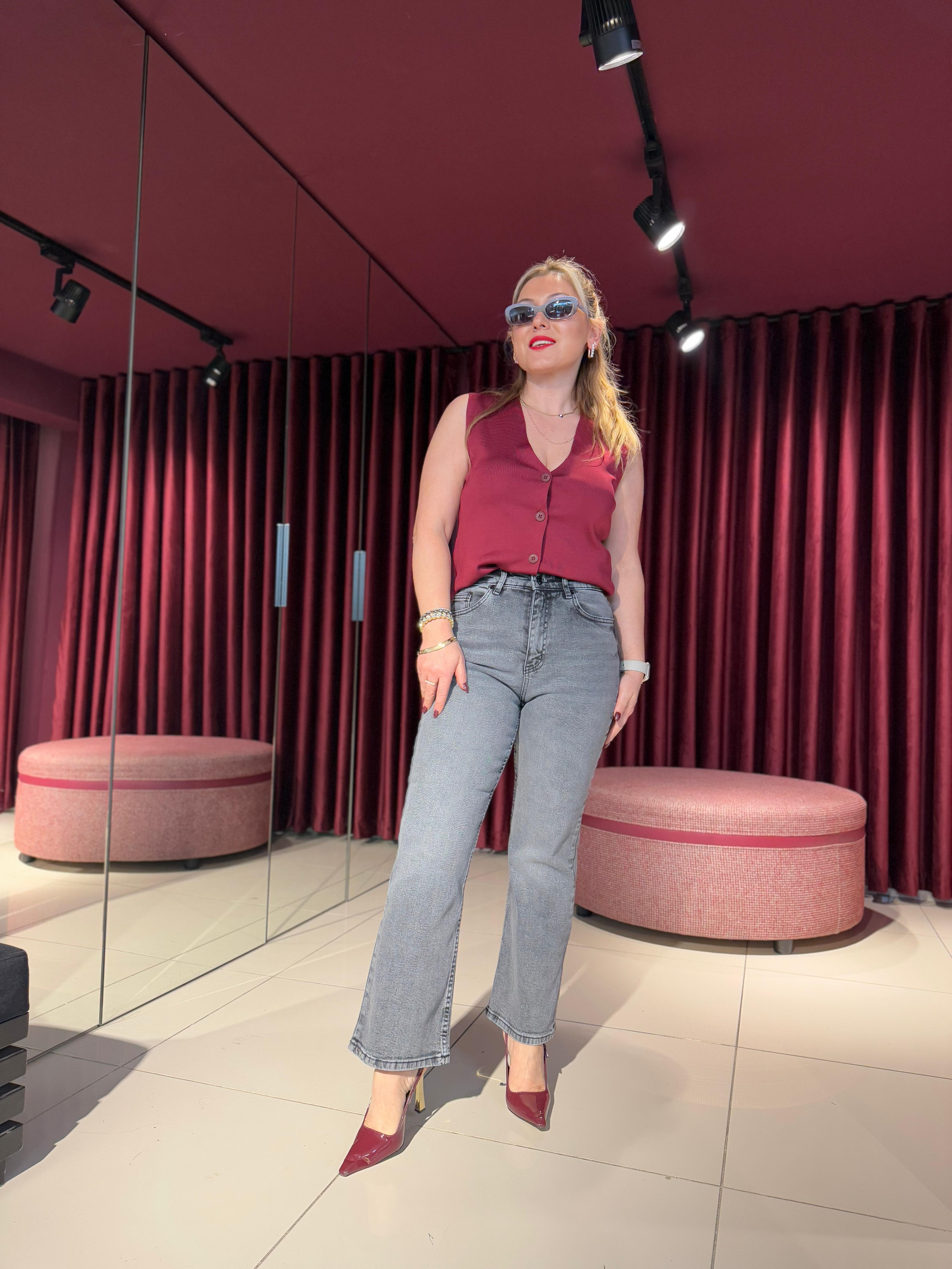 Jean08 ZR Cropped Flare Yüksek Bel Jean Gri