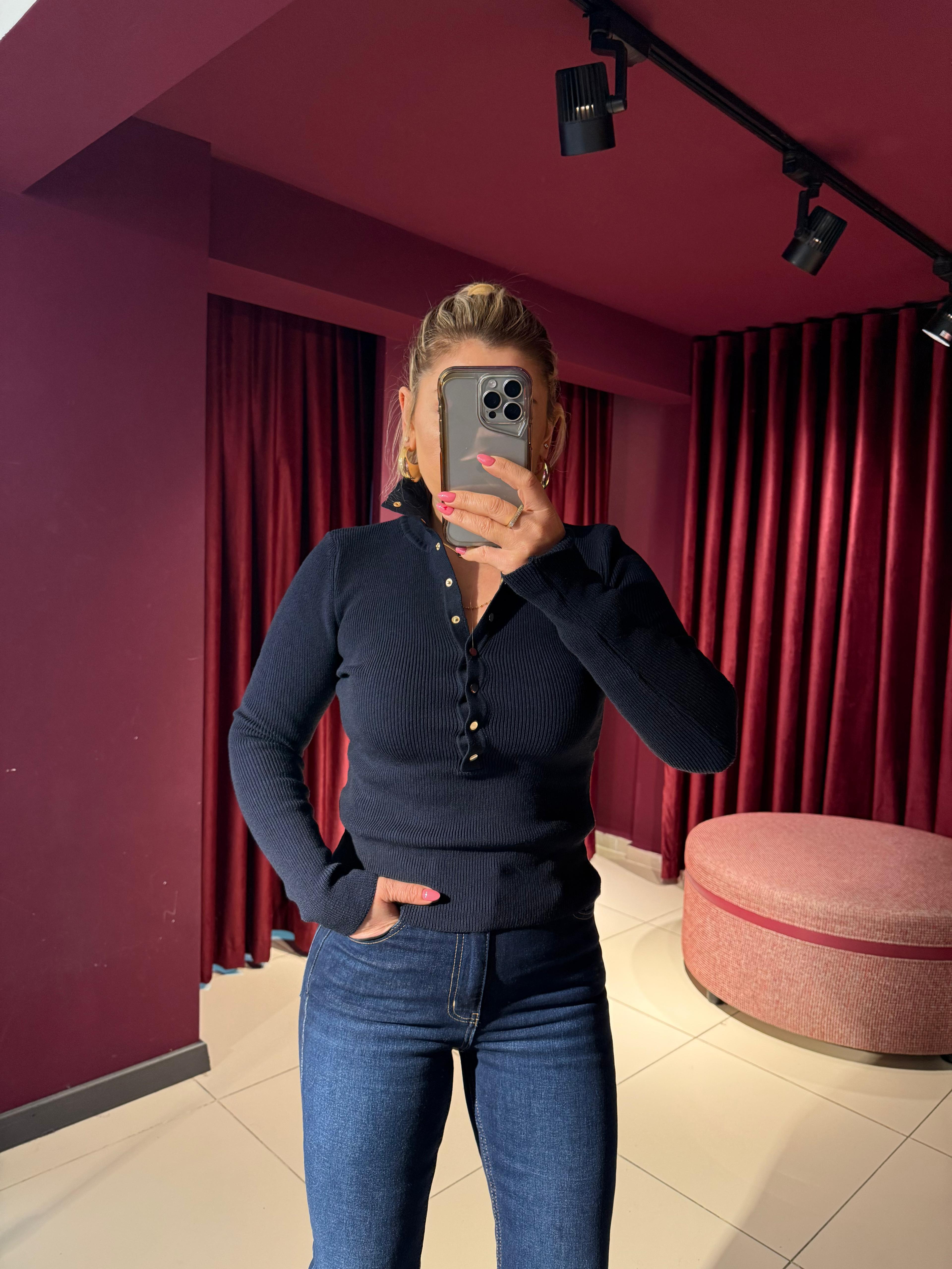 Bluz10686 Dik Yaka Çıtçıtlı Triko Bluz Lacivert