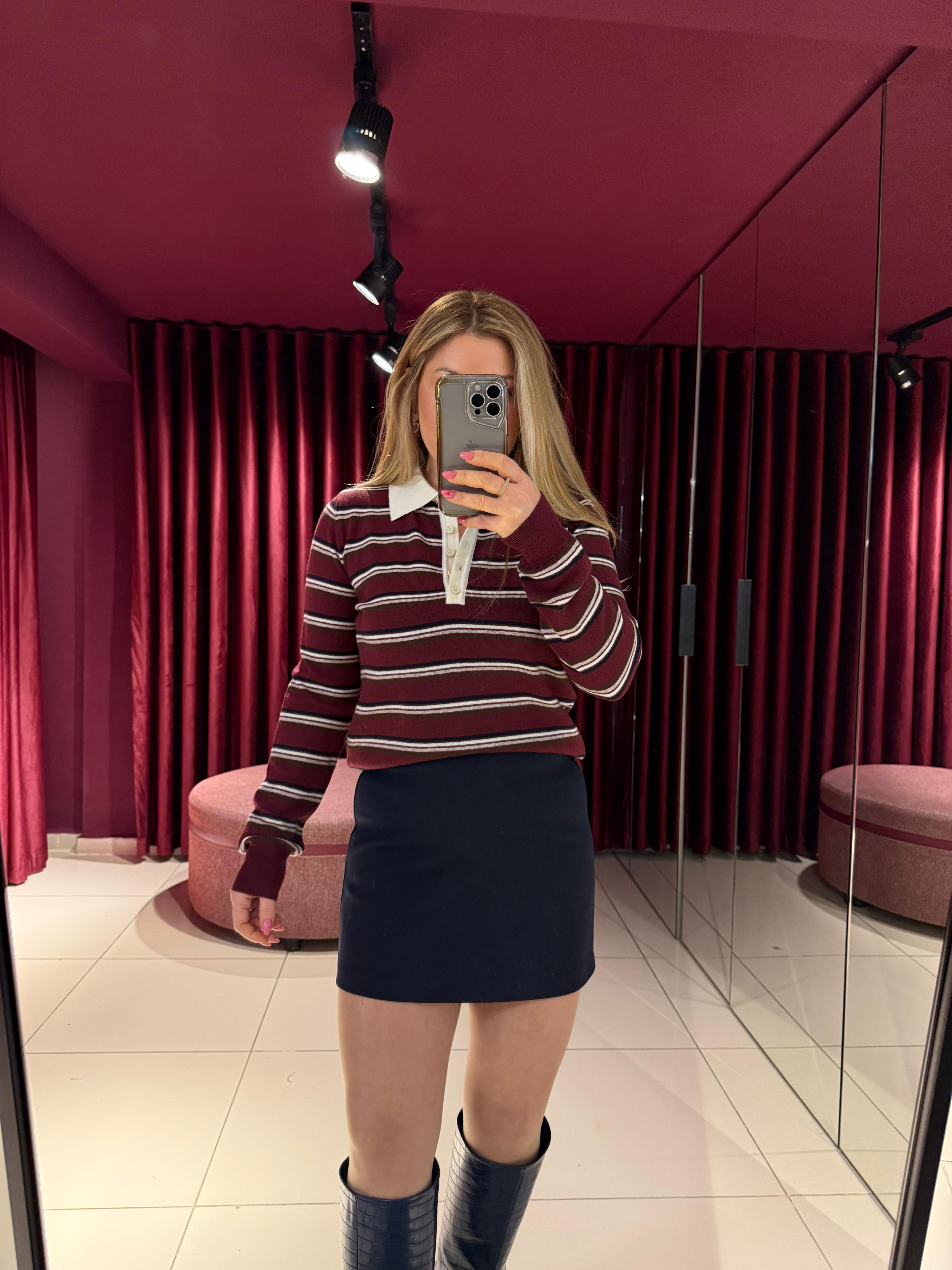 Bluz10712 Polo Yaka Çizgili Triko Bordo-Ekru