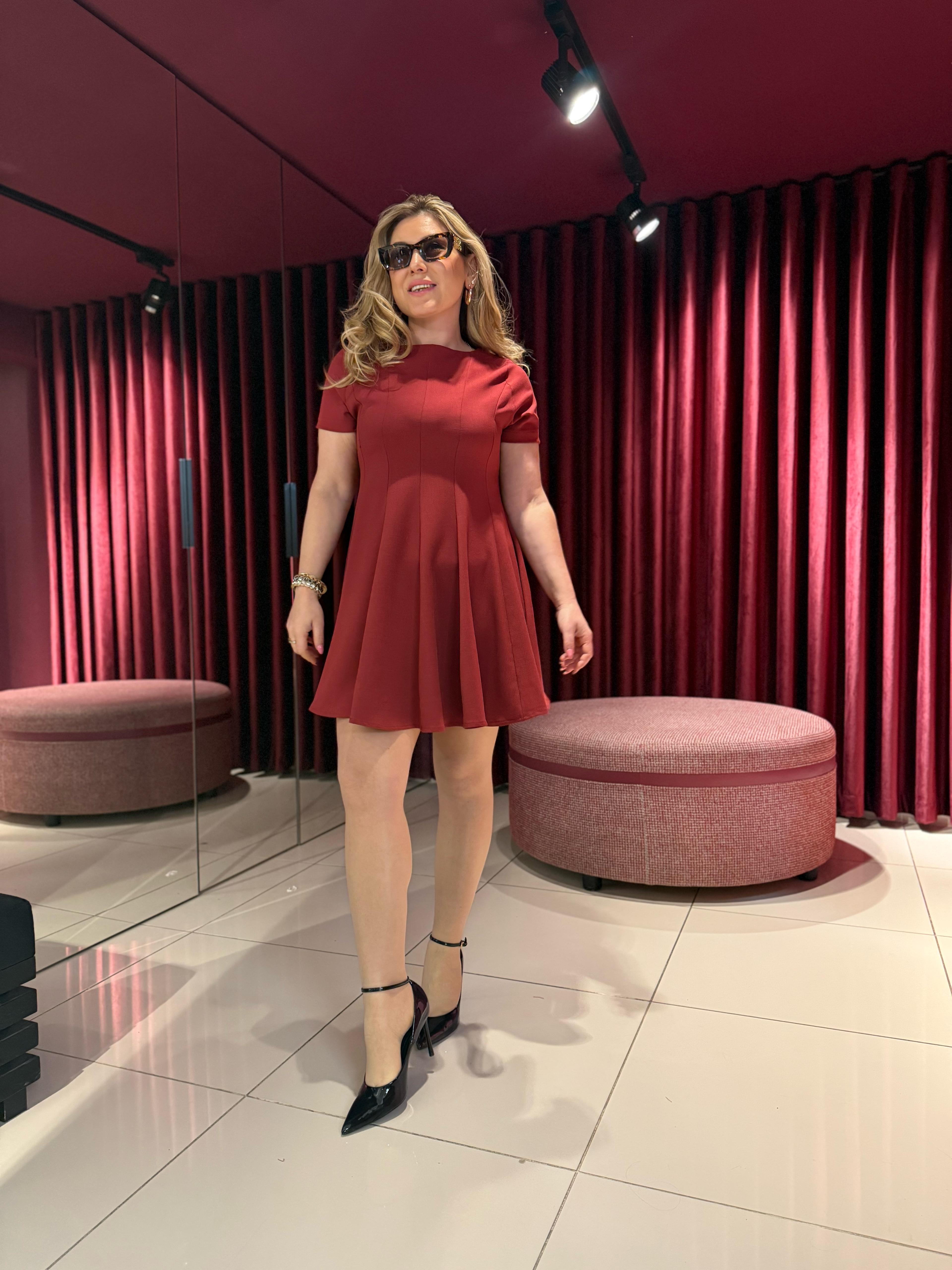 Kısa Elbiseler1403 Pileli Mini Elbise Bordo