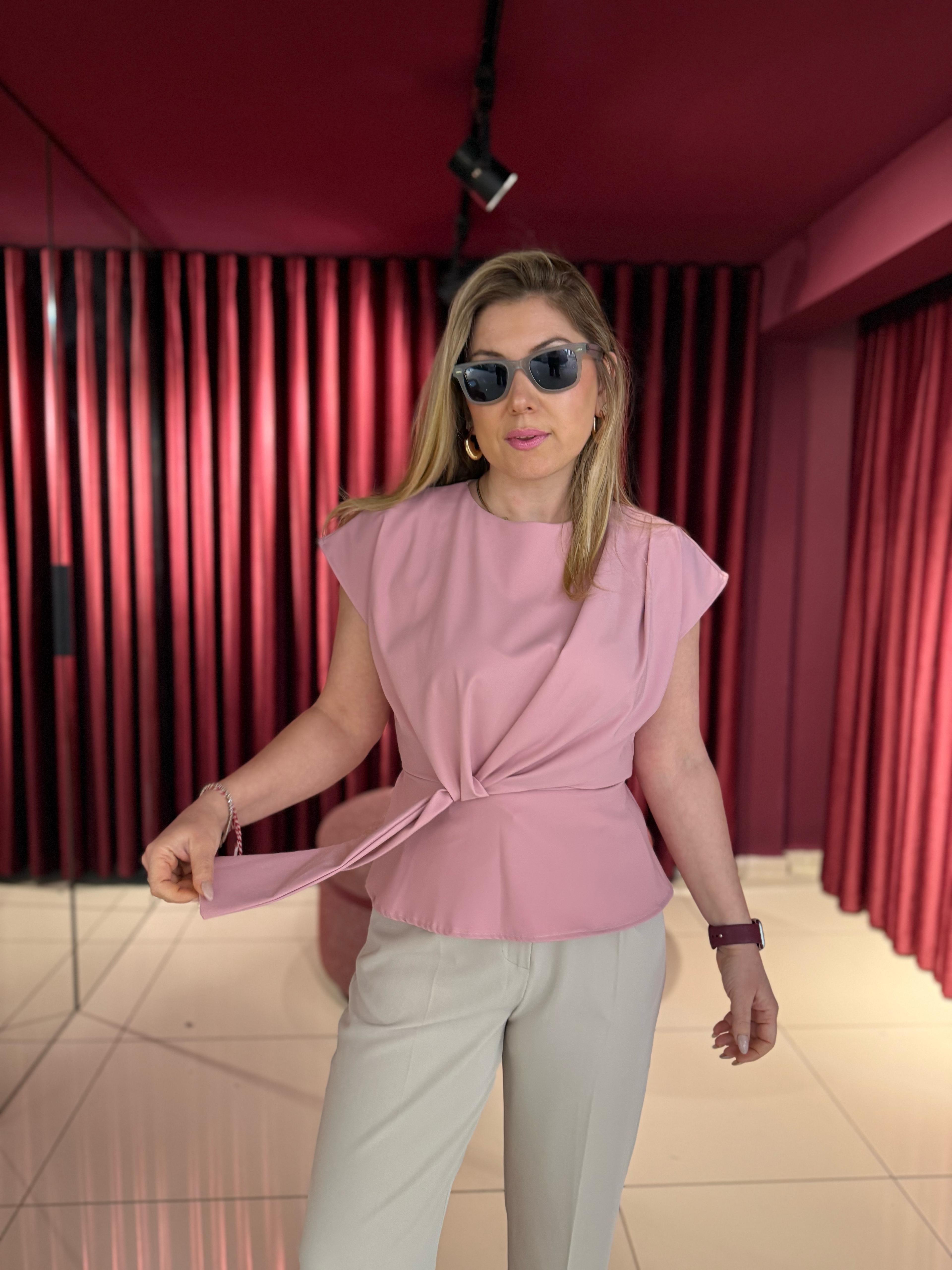 Bluz242201 Ön Bağcıklı Düşük Omuz Detaylı Bluz Pembe 
