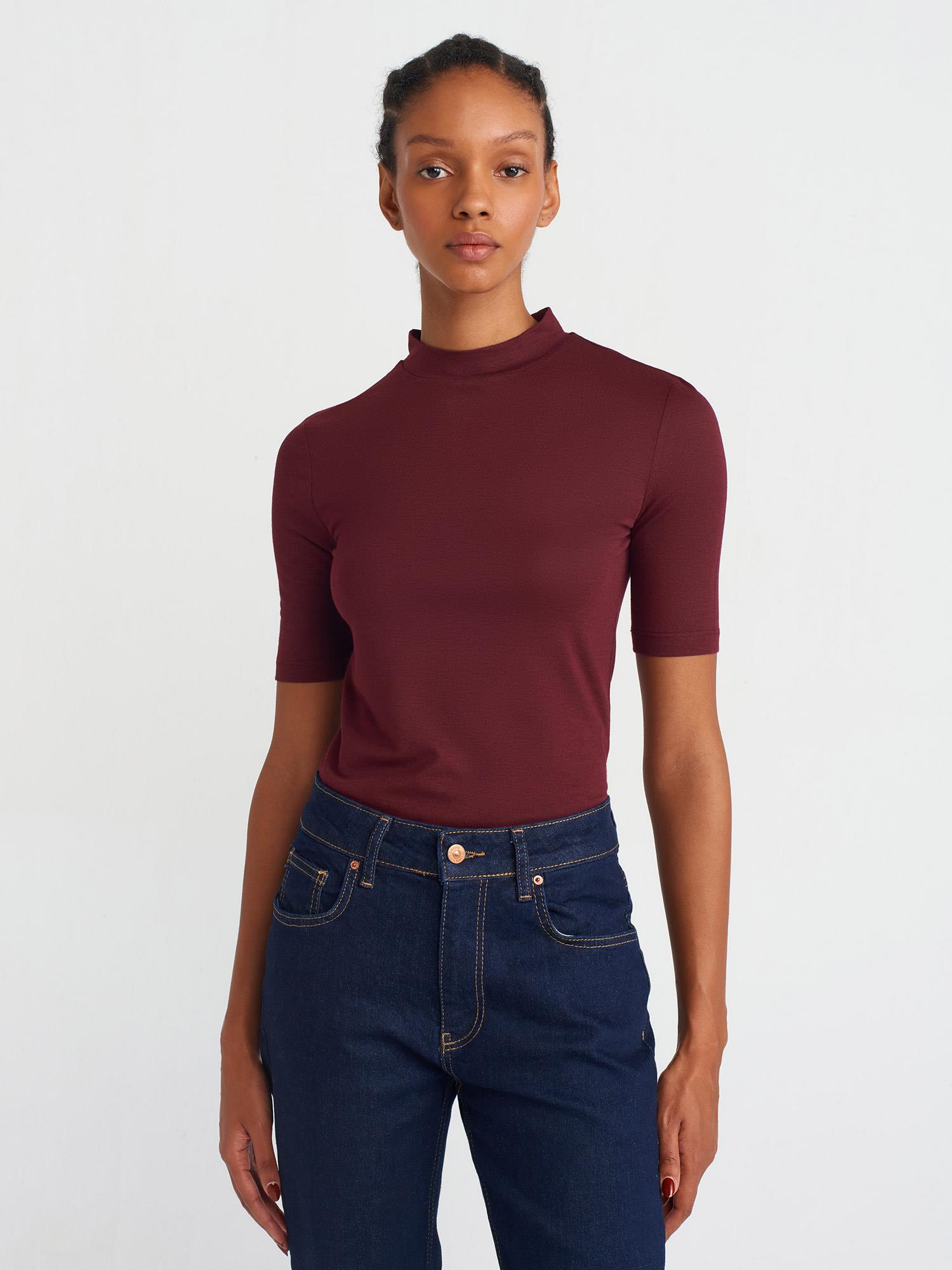 Bluz30481 Yüksek Yakalı T-Shirt Bordo