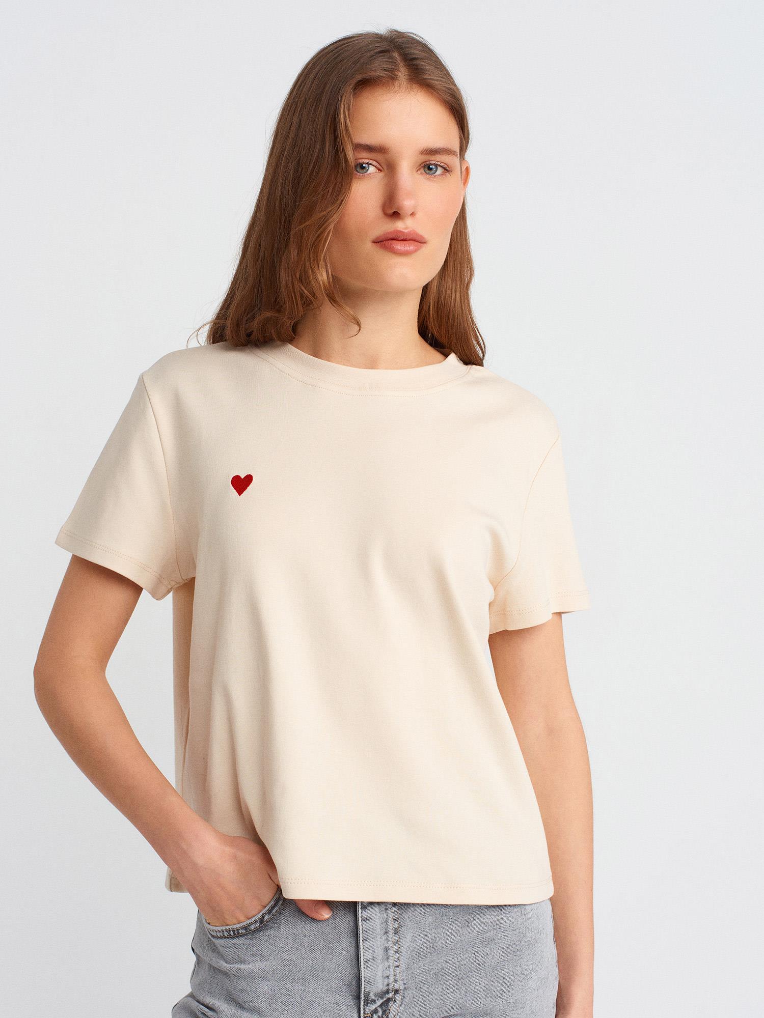 T-Shirt30584 Bisiklet Yaka Pamuklu T-Shirt Taş