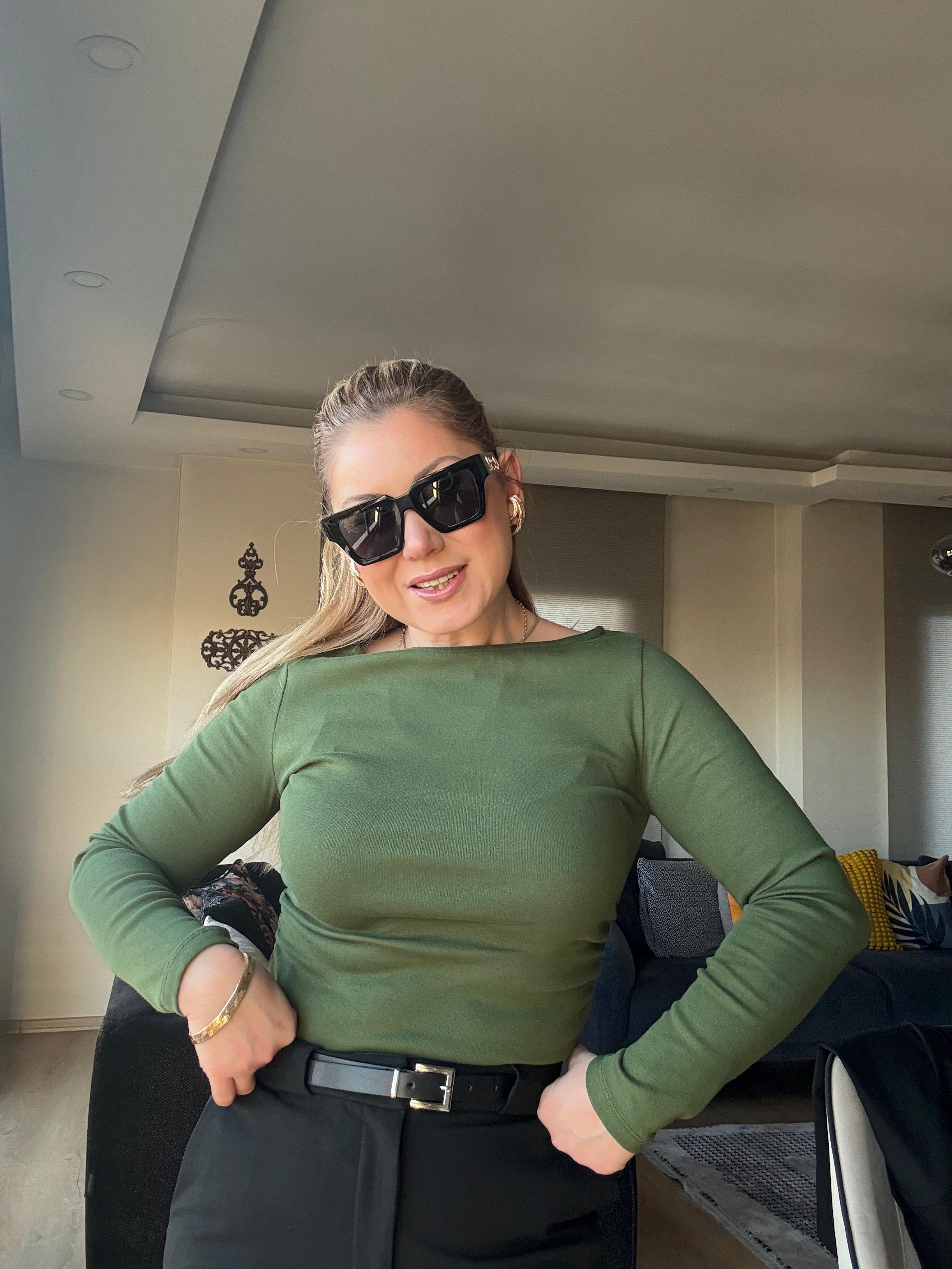 Bluz31401 Büzgülü Kayık Yaka Top Koyu Haki