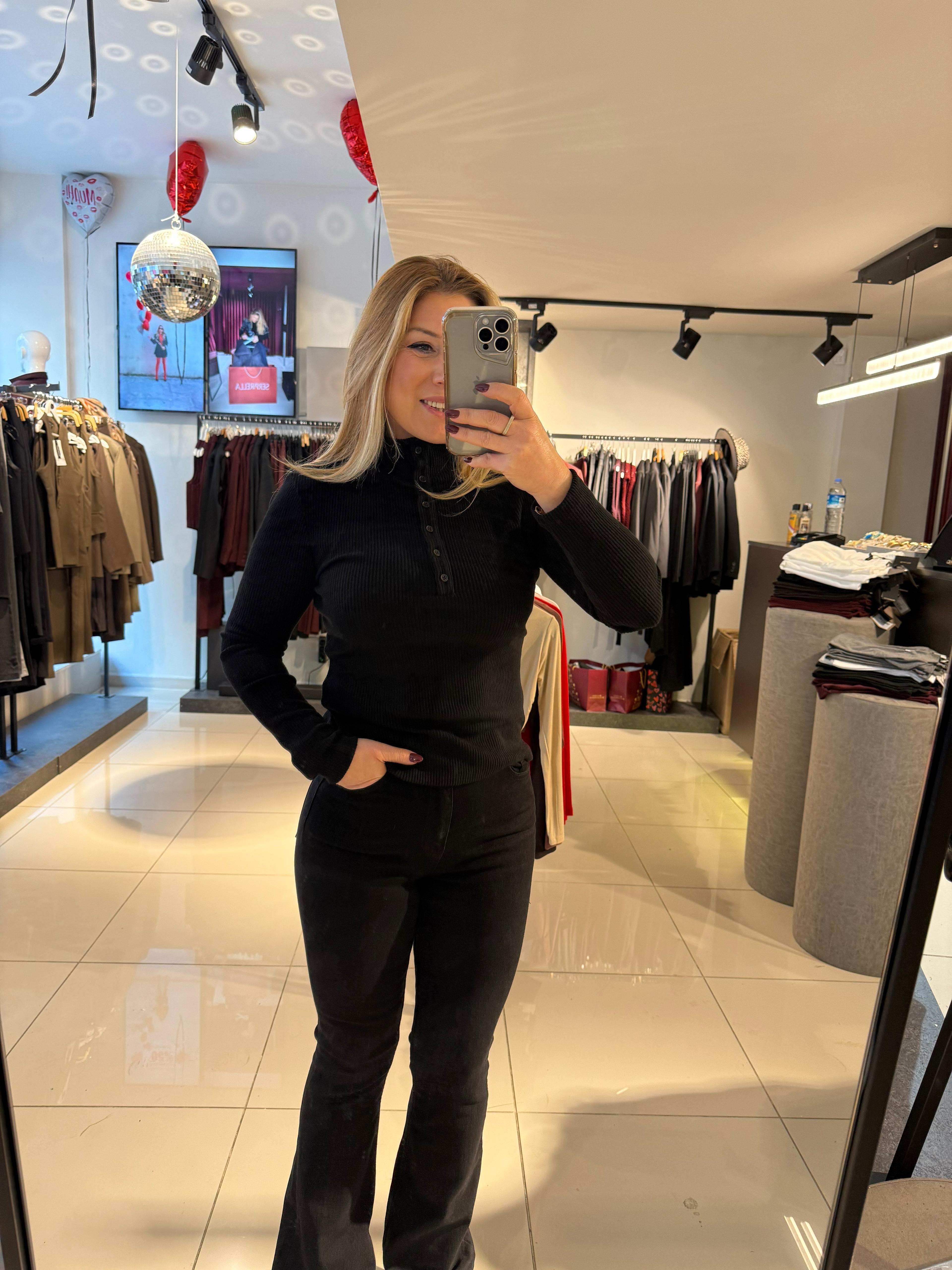 Bluz31435 Balıkçı Yaka Düğmeli Top Siyah
