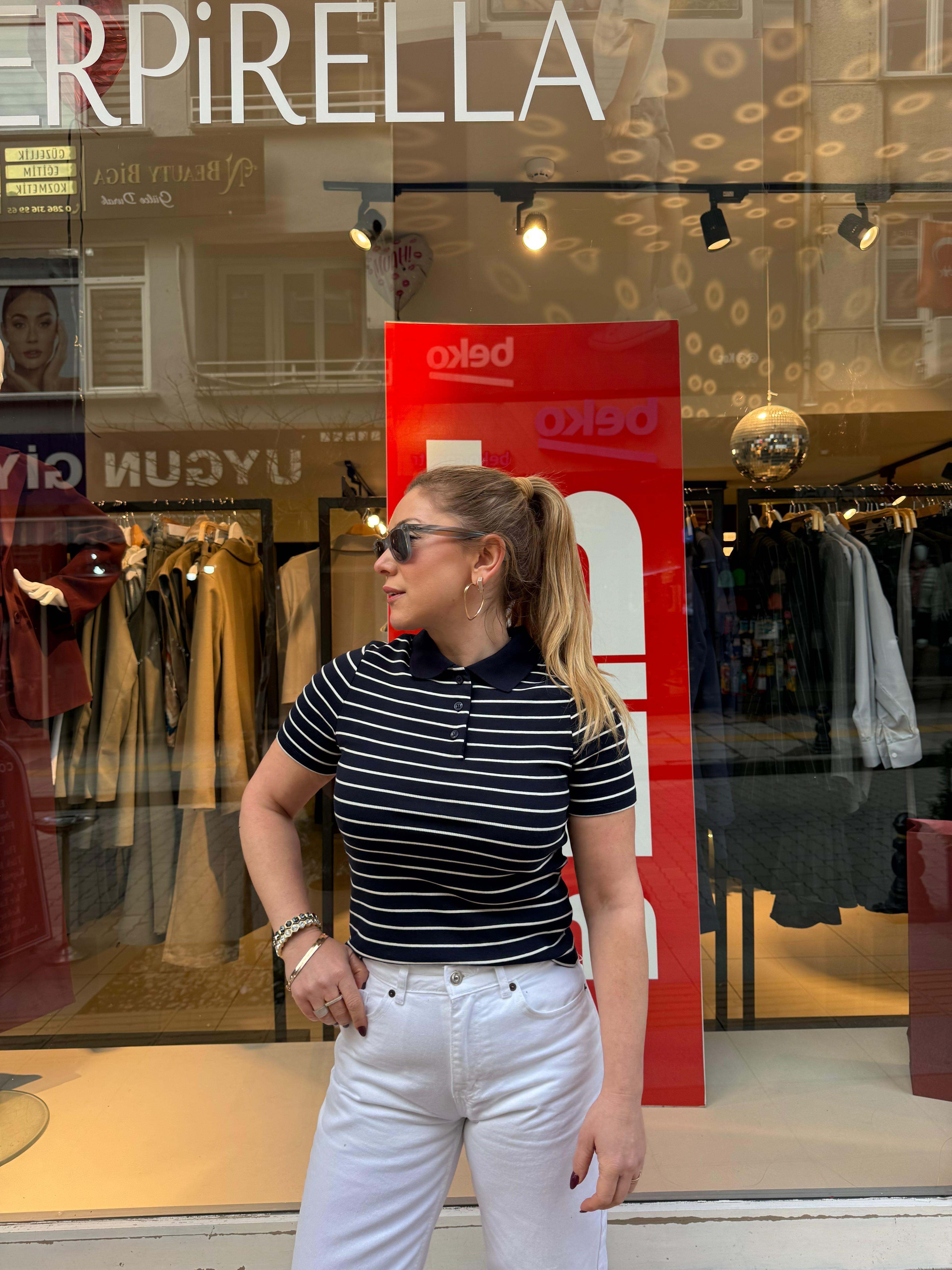 T-Shirt31464 Çizgili Polo Yaka Tshirt Lacivert Ekru