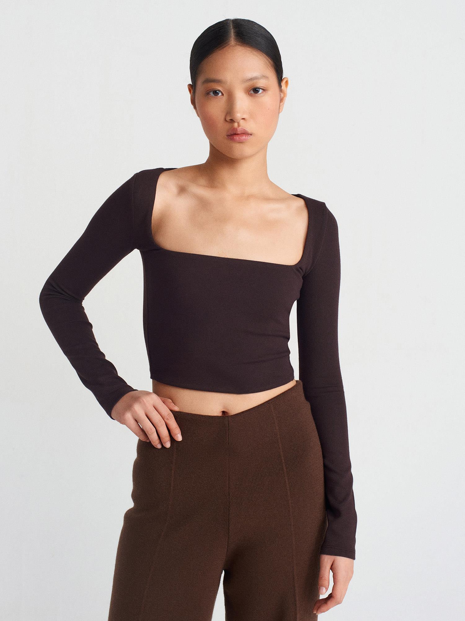 Kazak31507 Uzun Kollu Top Bluz Kahve