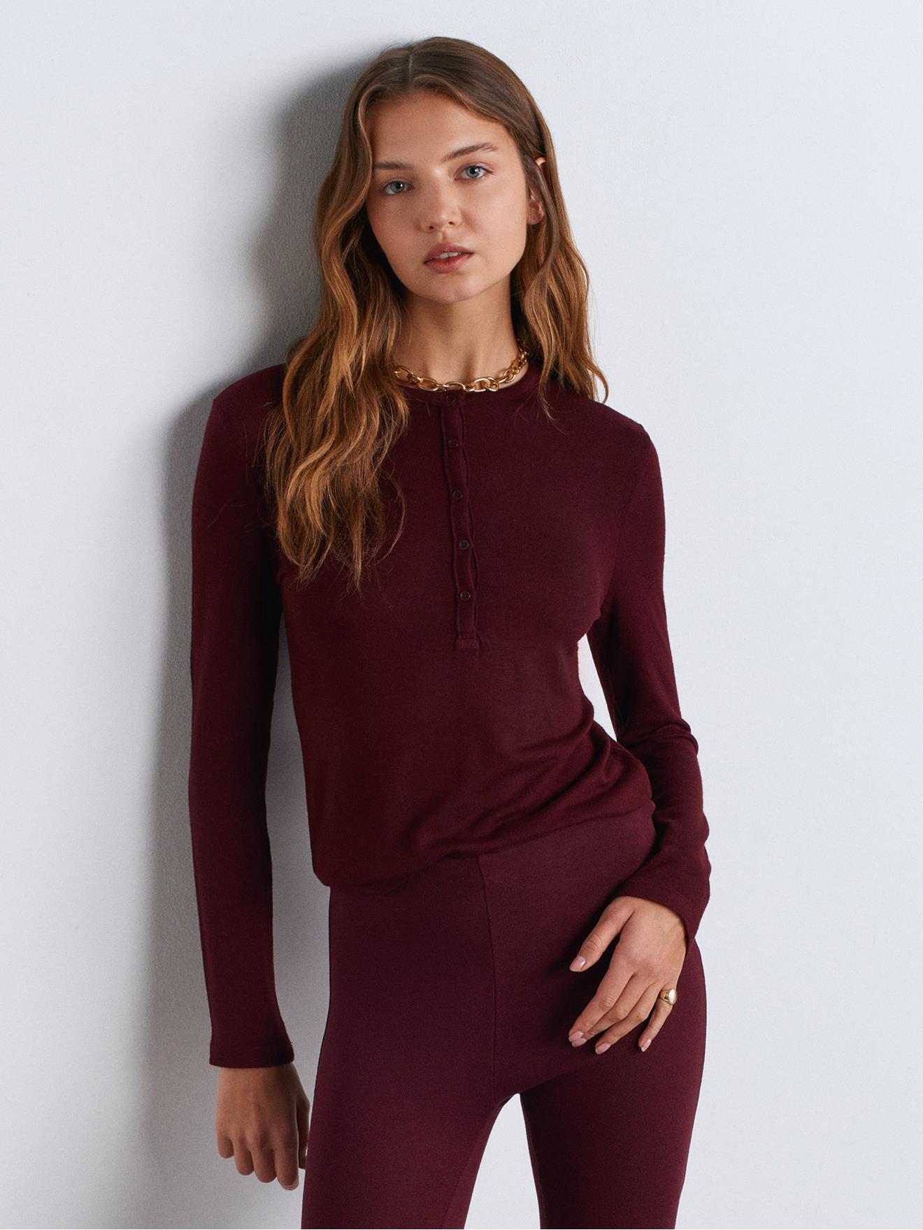 Bluz31544 Düğmeli Uzun Kollu Top Bordo