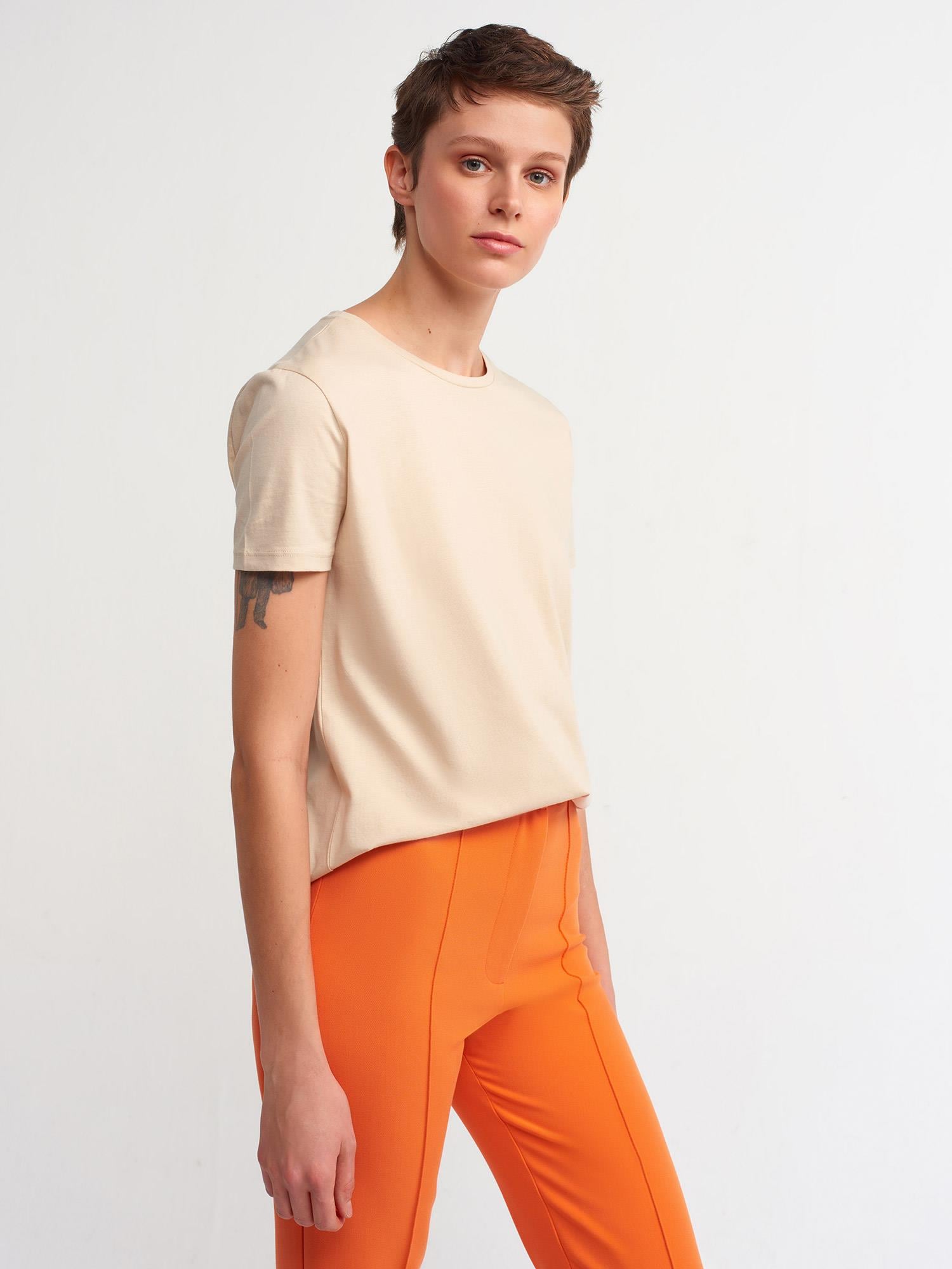 T-Shirt3471 Bisiklet Yaka Basic T-Shirt Bej