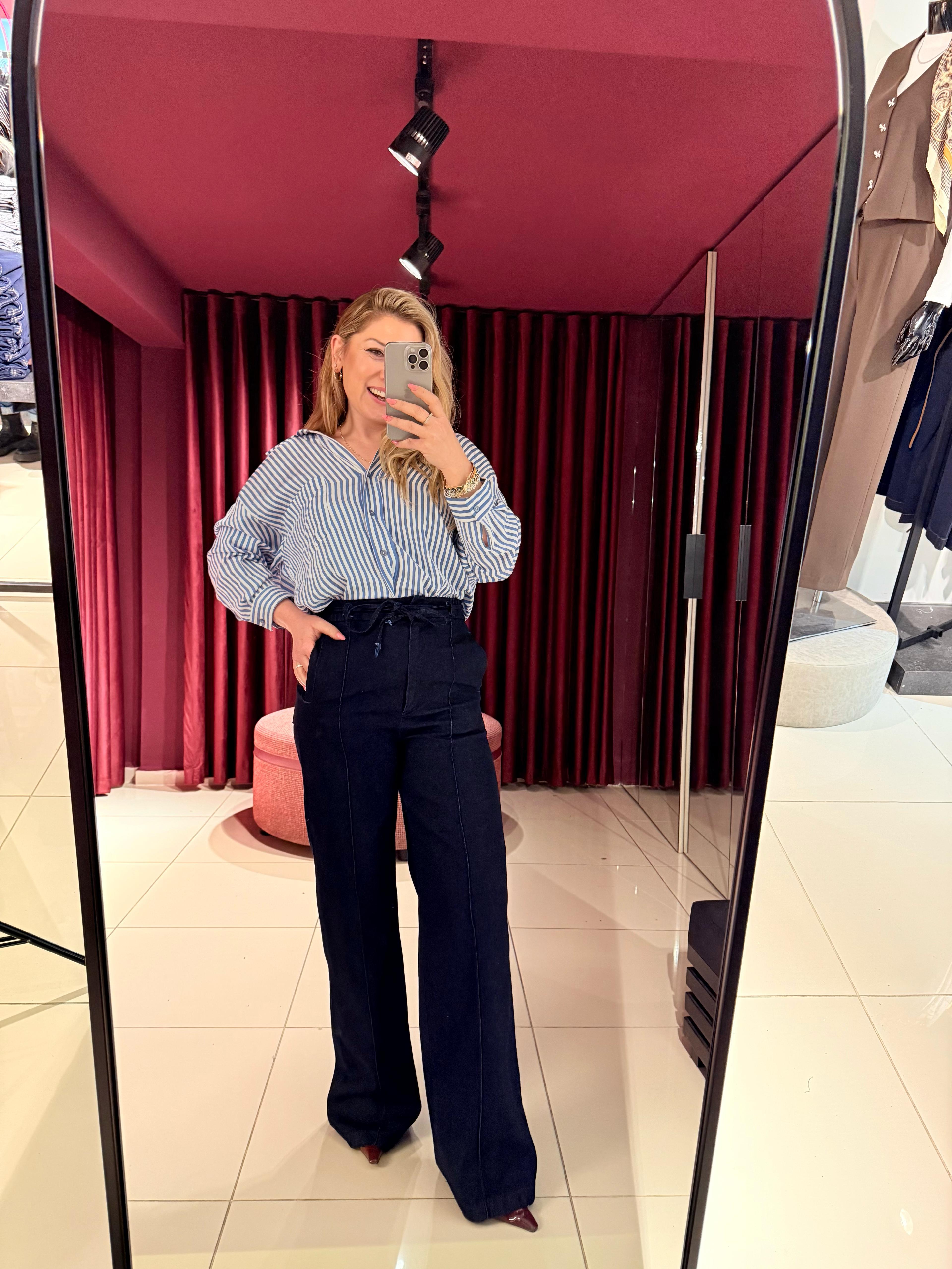 Pantolon3782 Denim Lastikli Geniş Paça Pantolon Mavi