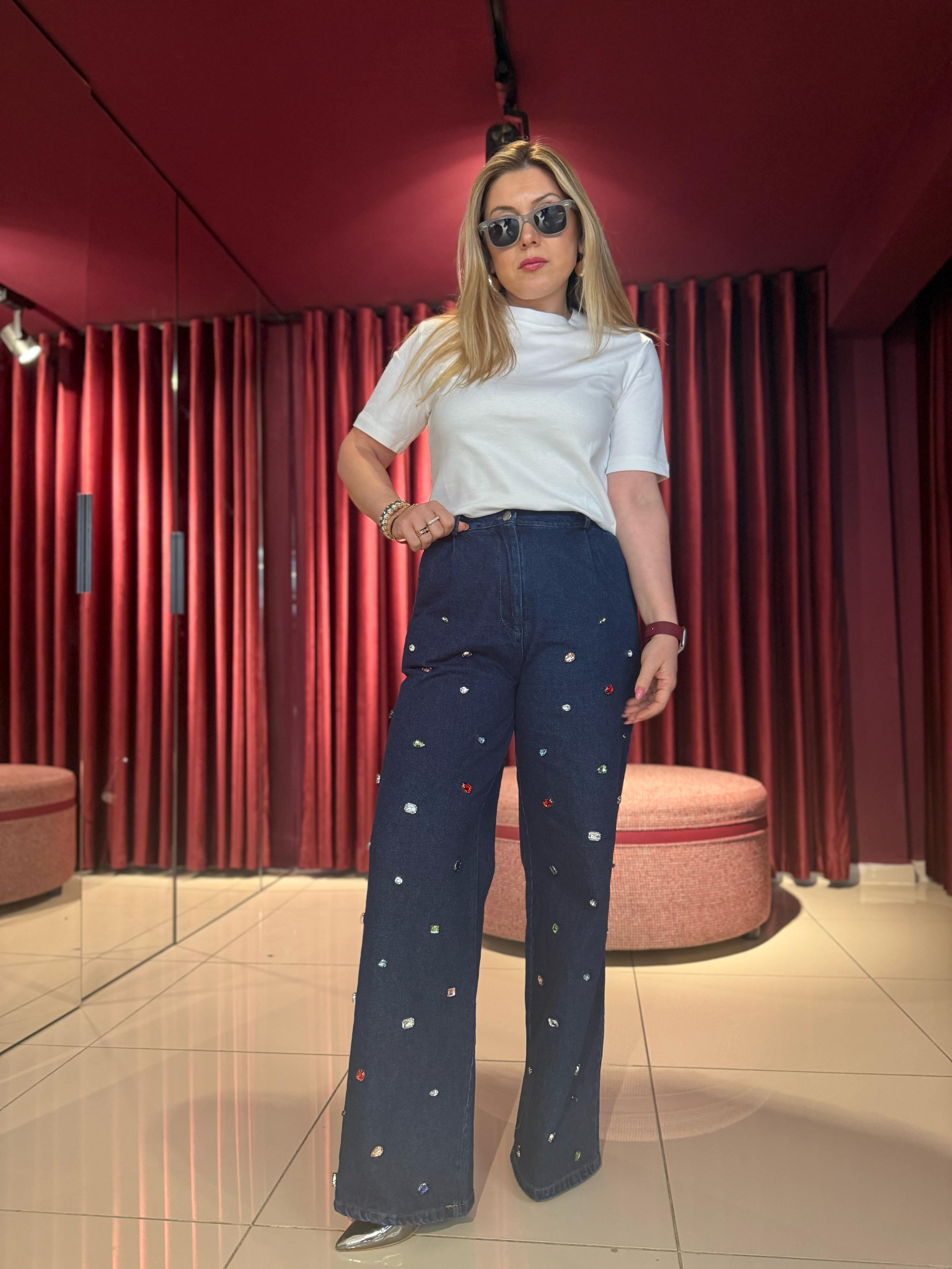 Pantolon4053 Taşlı Jean Pantolon Mavi