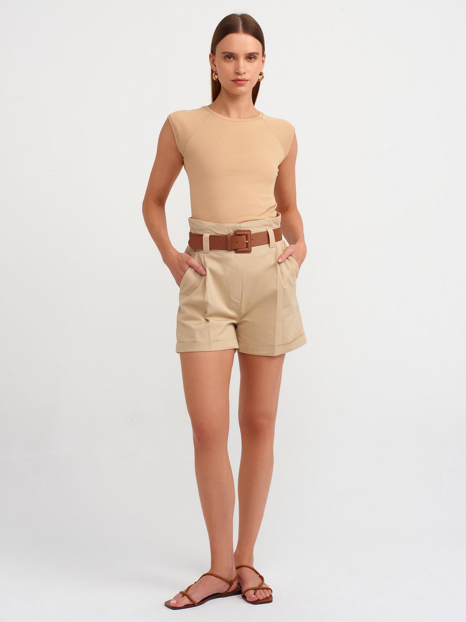 Şort71298 Beli Lastikli Kemerli Şort Camel