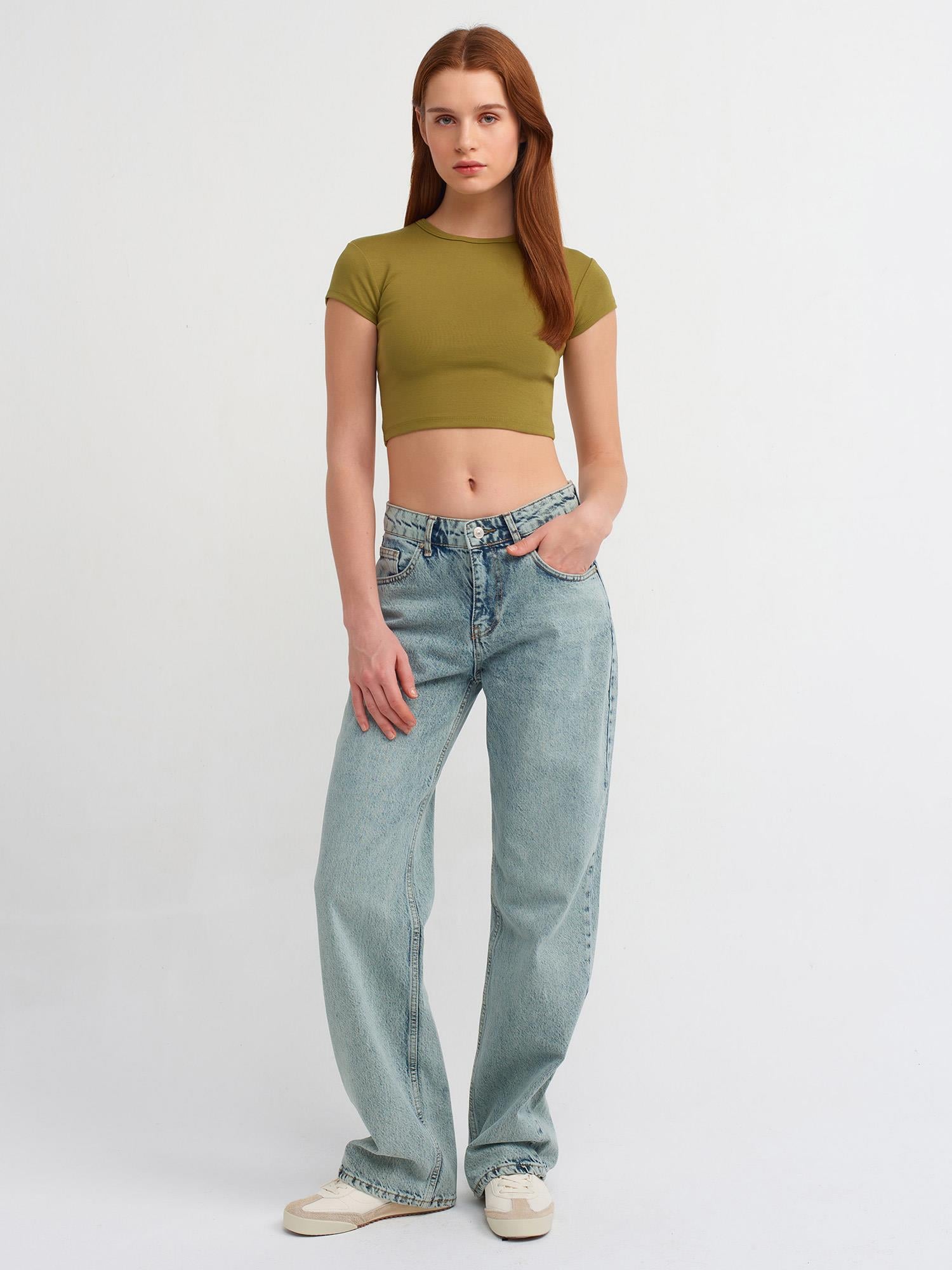 Jean71458 Tintli Kar Yıkama Pant. Jean Yeşil