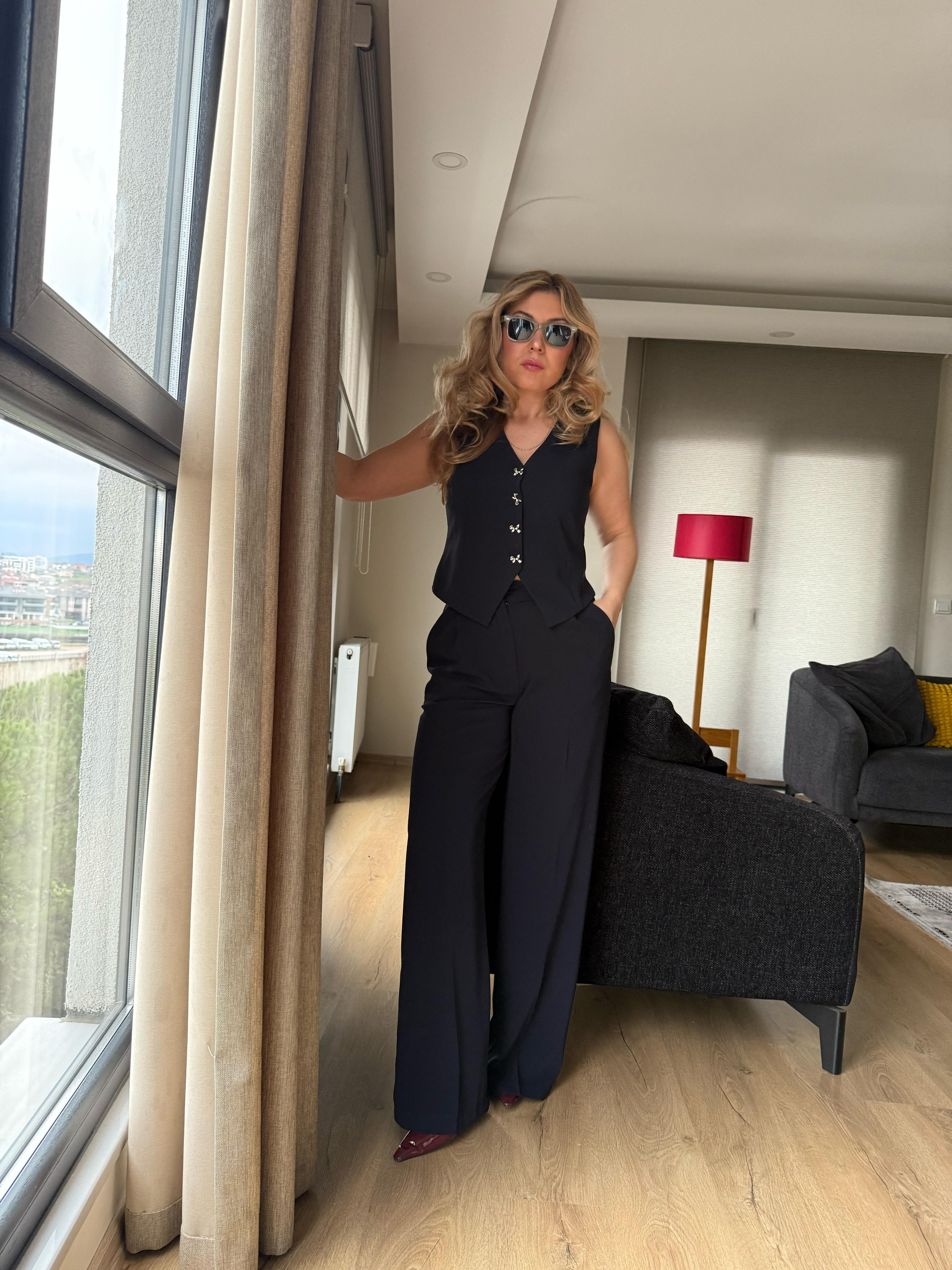 Takım8536 Fiyonk Detay Yelek Pantolon Takım Lacivert