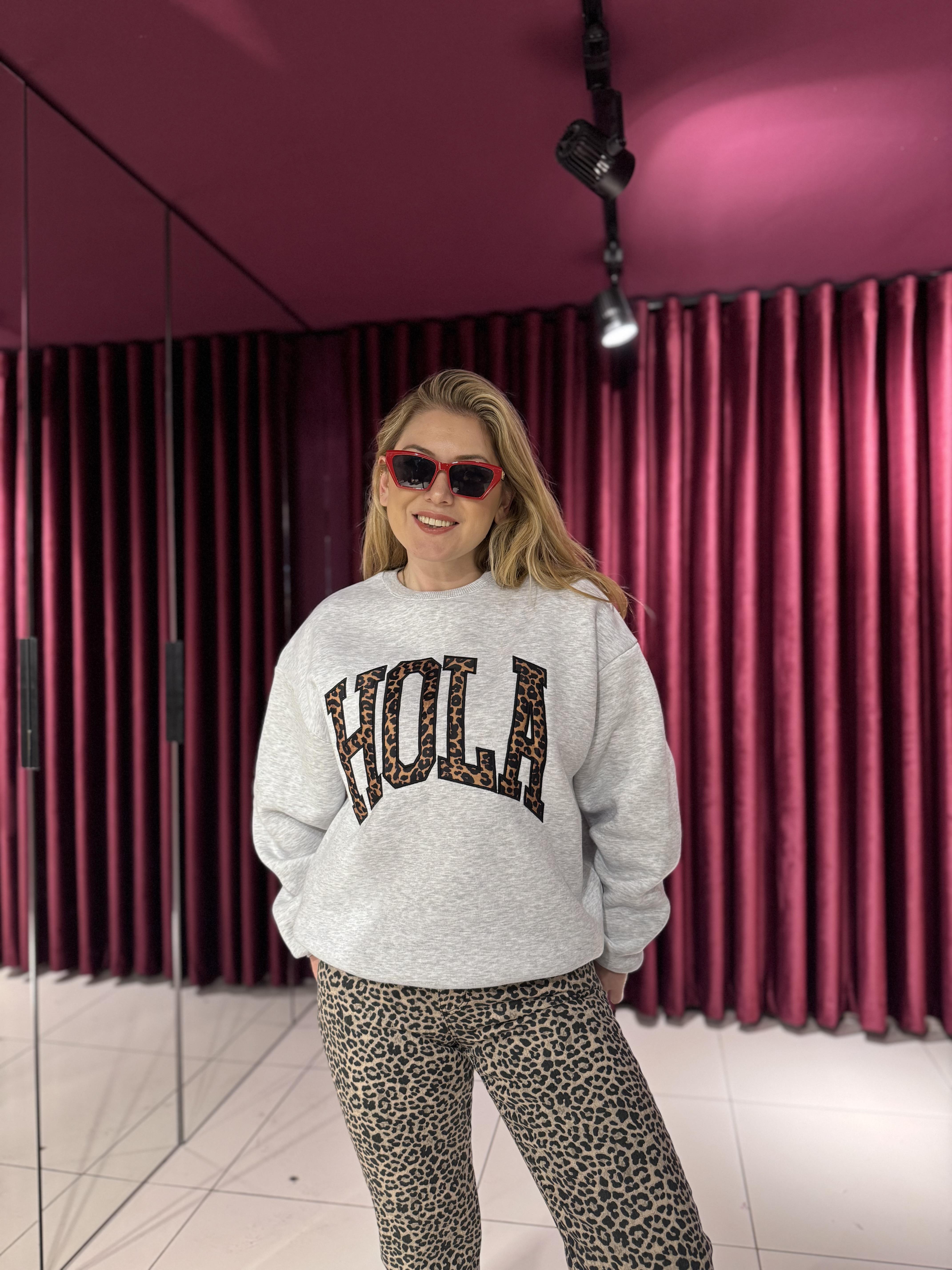 Sweat-Shirt9025 Hola Leopar Detay Sweat Gri
