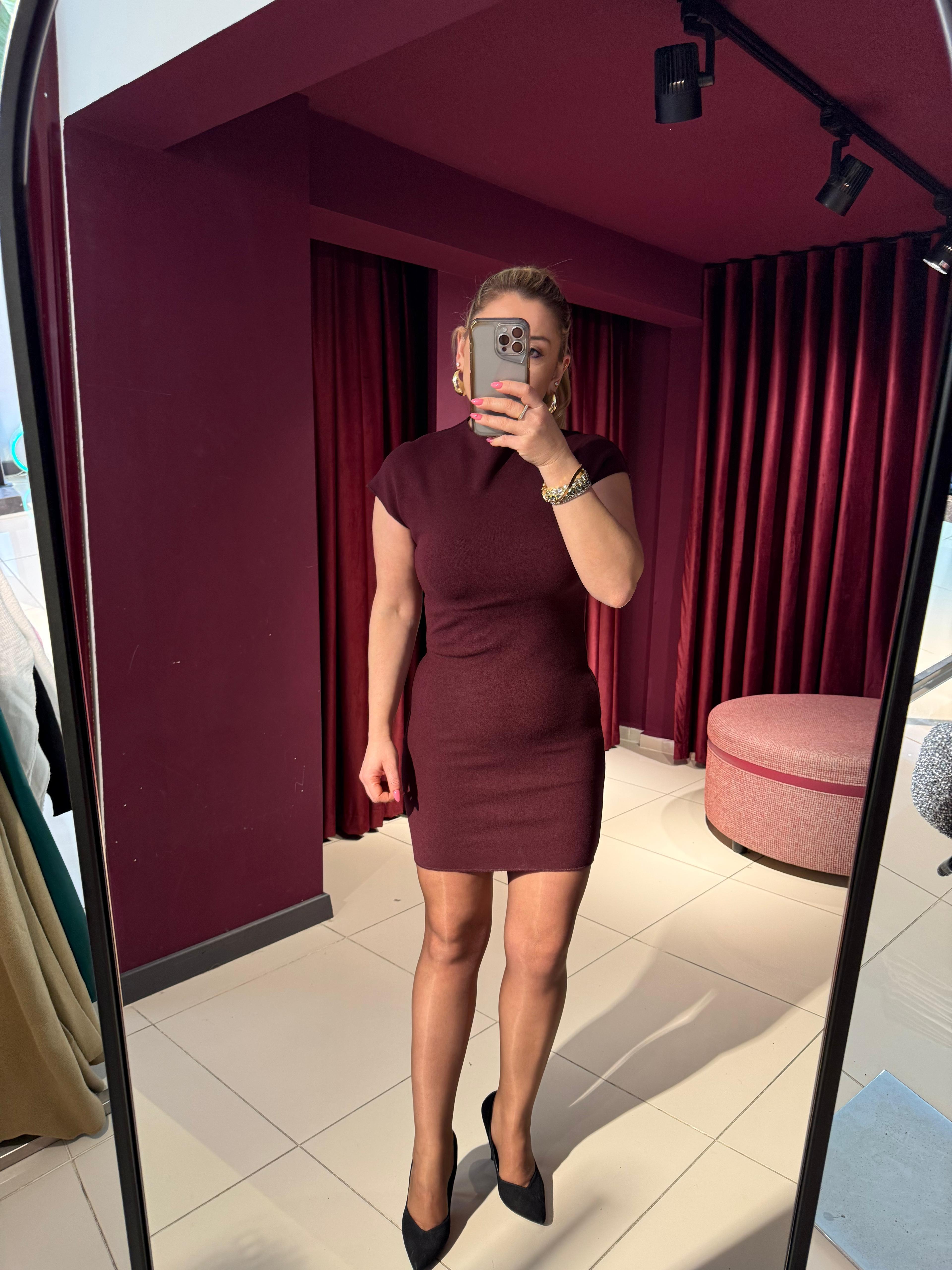 Kısa Elbiseler91305 Kısa Streç Örme Elbise Bordo