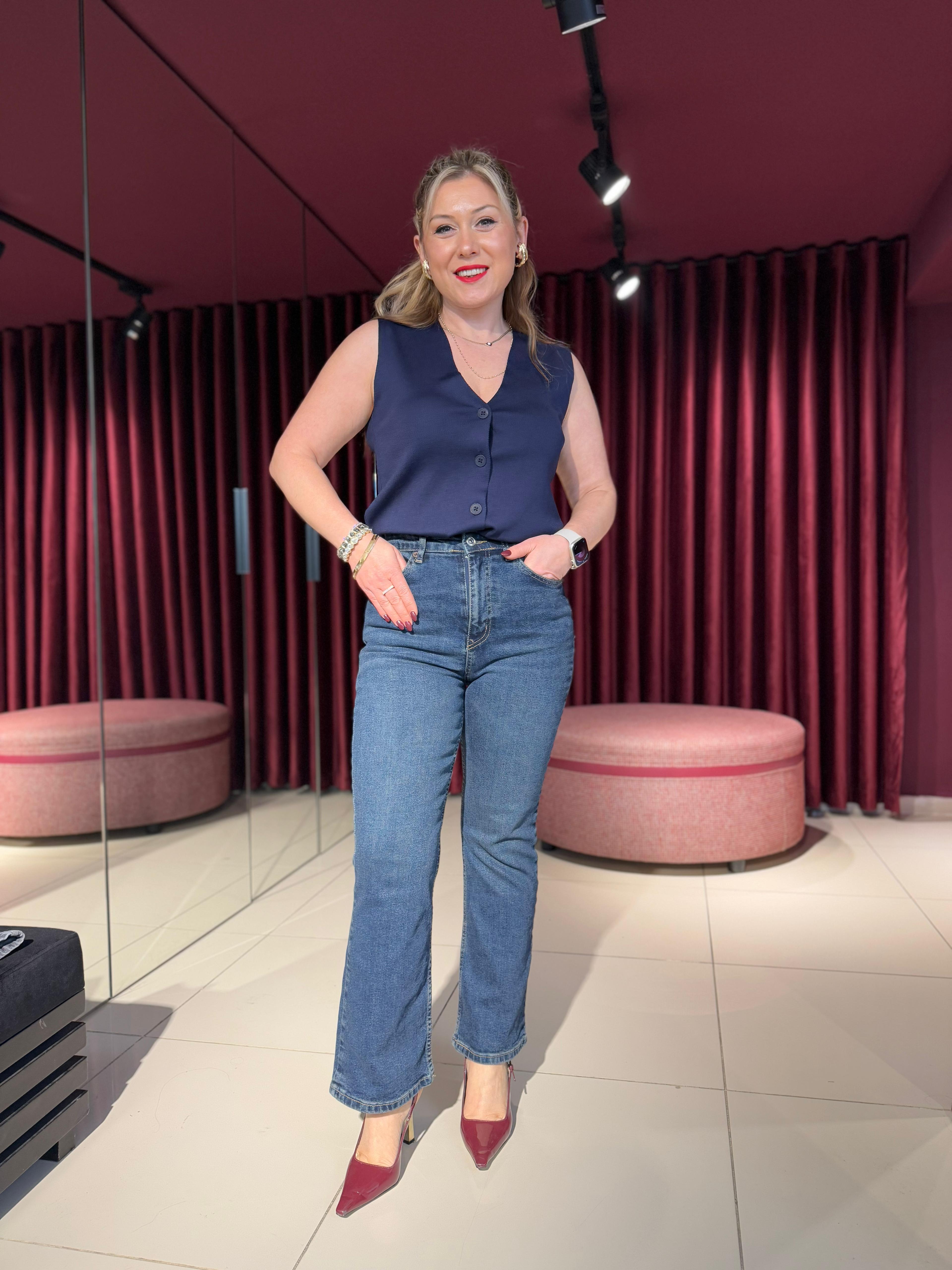 Jean08 ZR Cropped Flare Yüksek Bel Jean Lacivert
