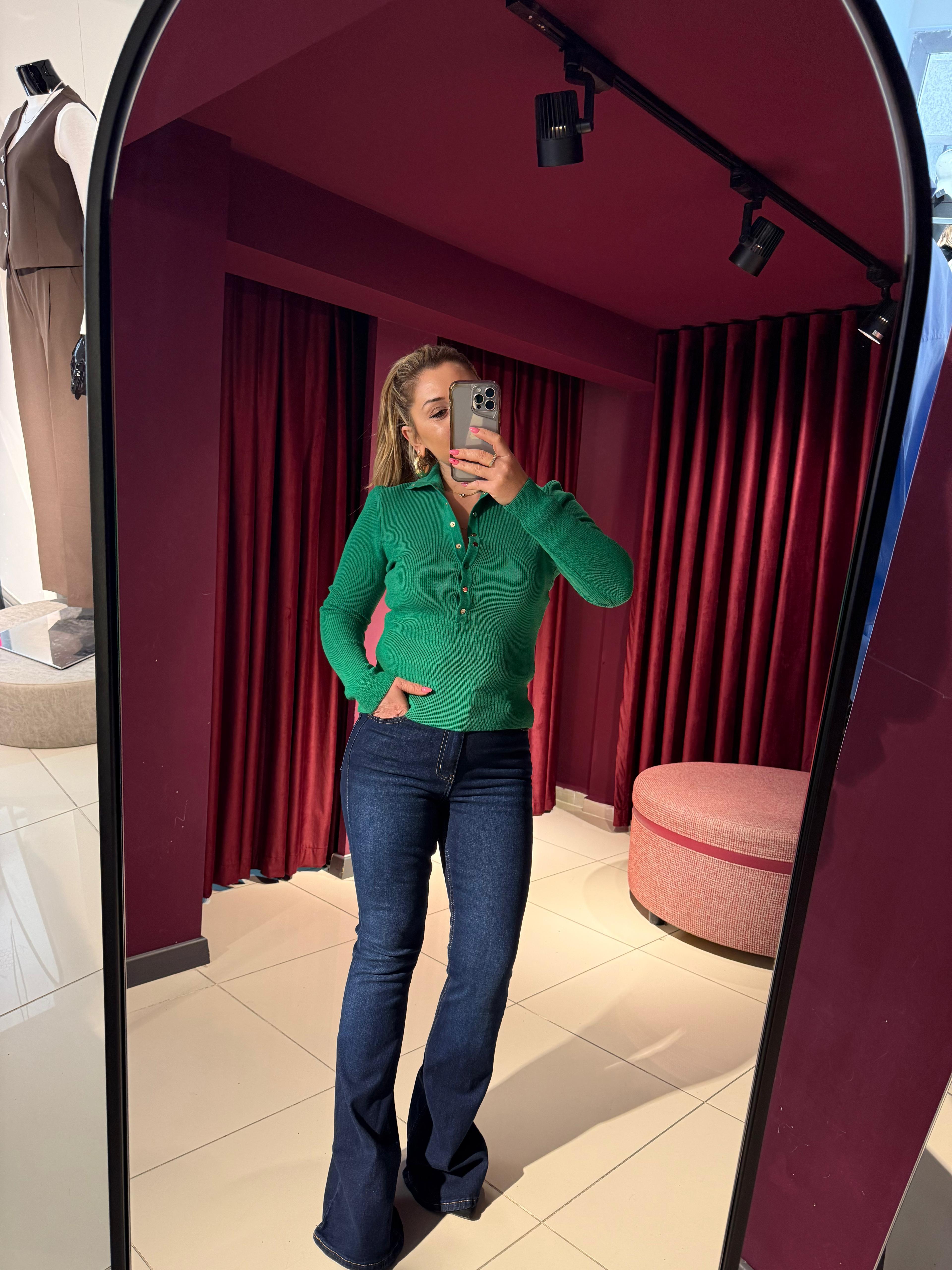 Bluz10686 Dik Yaka Çıtçıtlı Triko Bluz Yeşil
