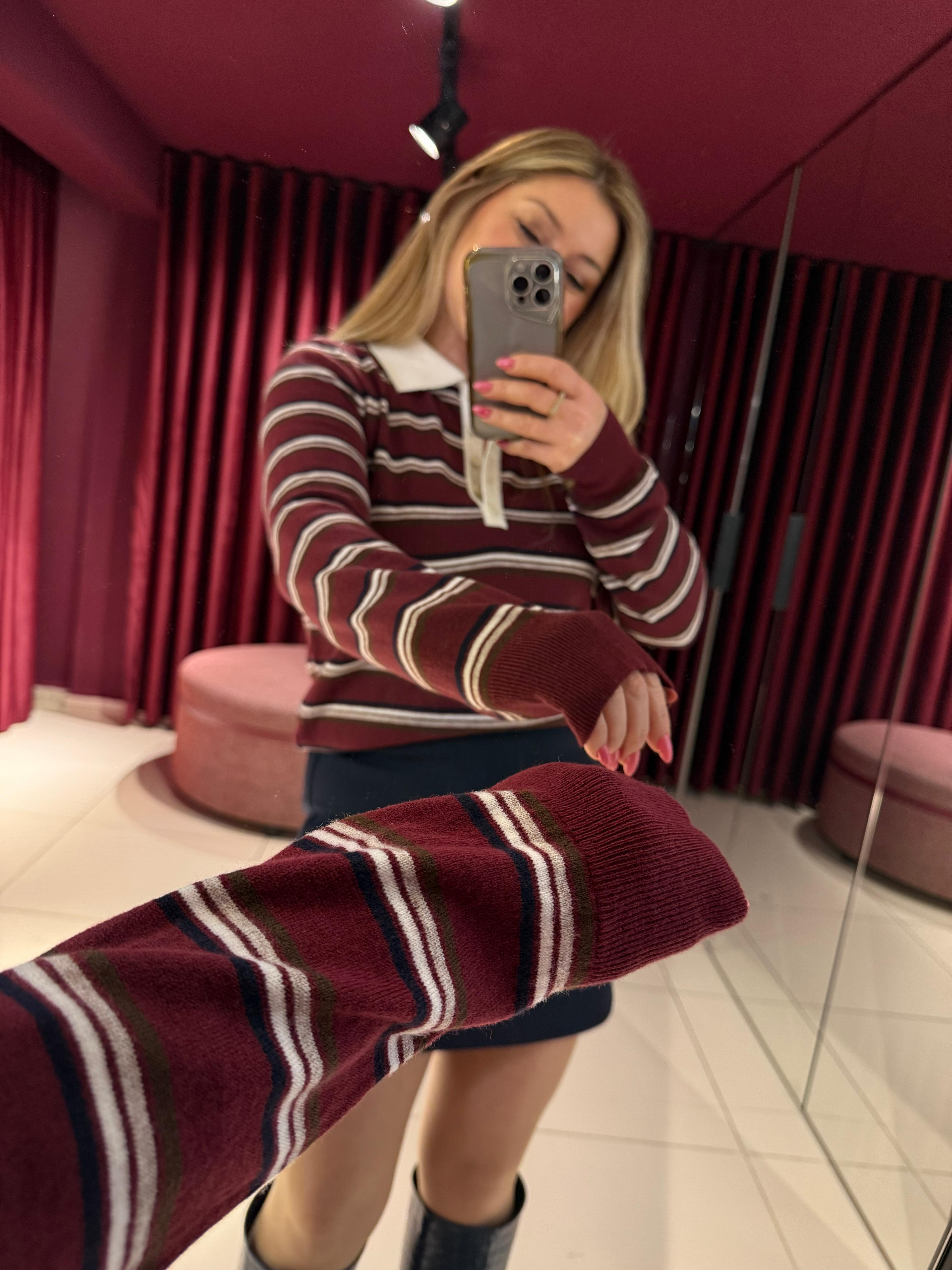 Bluz10712 Polo Yaka Çizgili Triko Bordo-Ekru