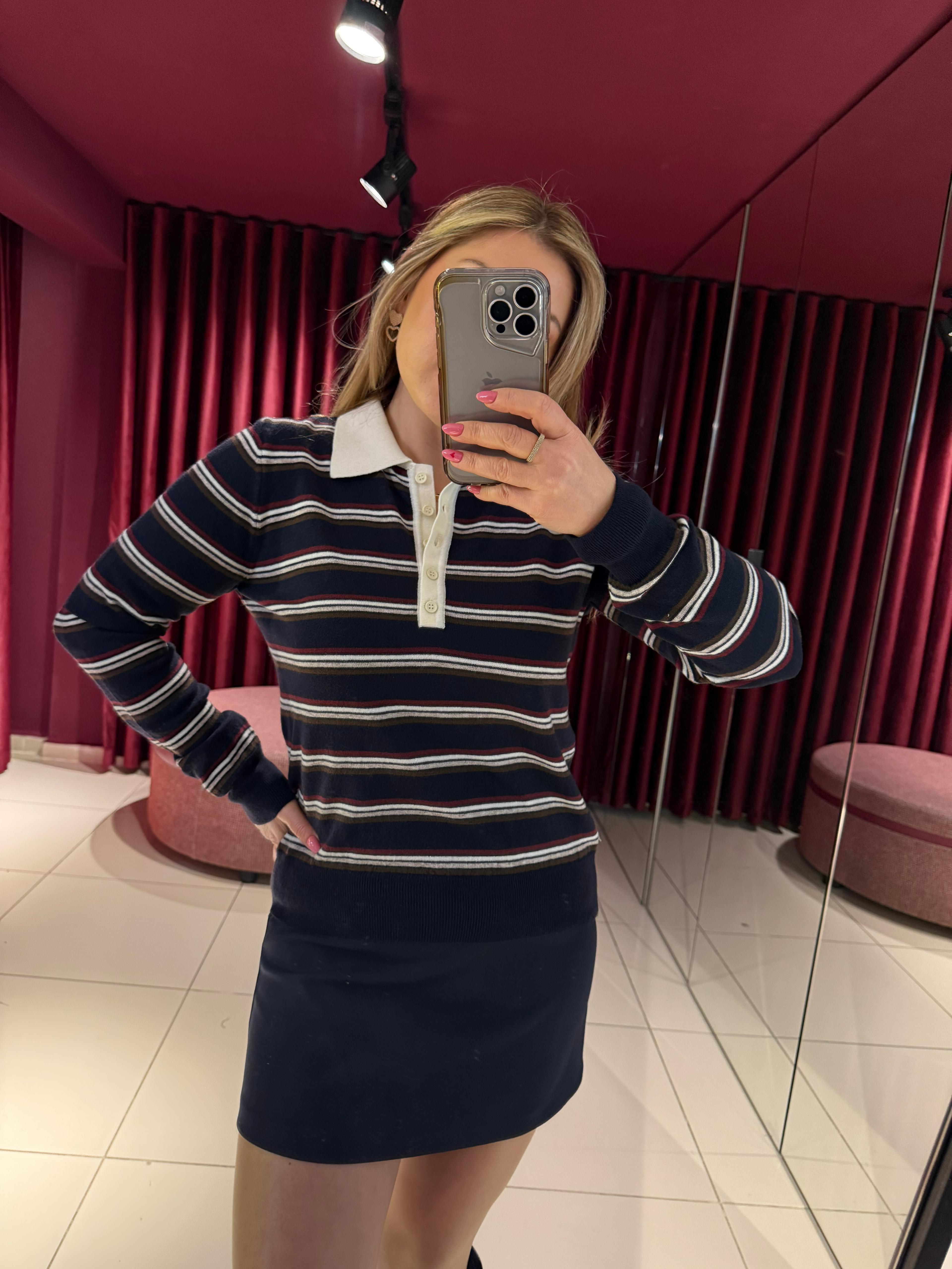 Bluz10712 Polo Yaka Çizgili Triko Lacivert-Ekru