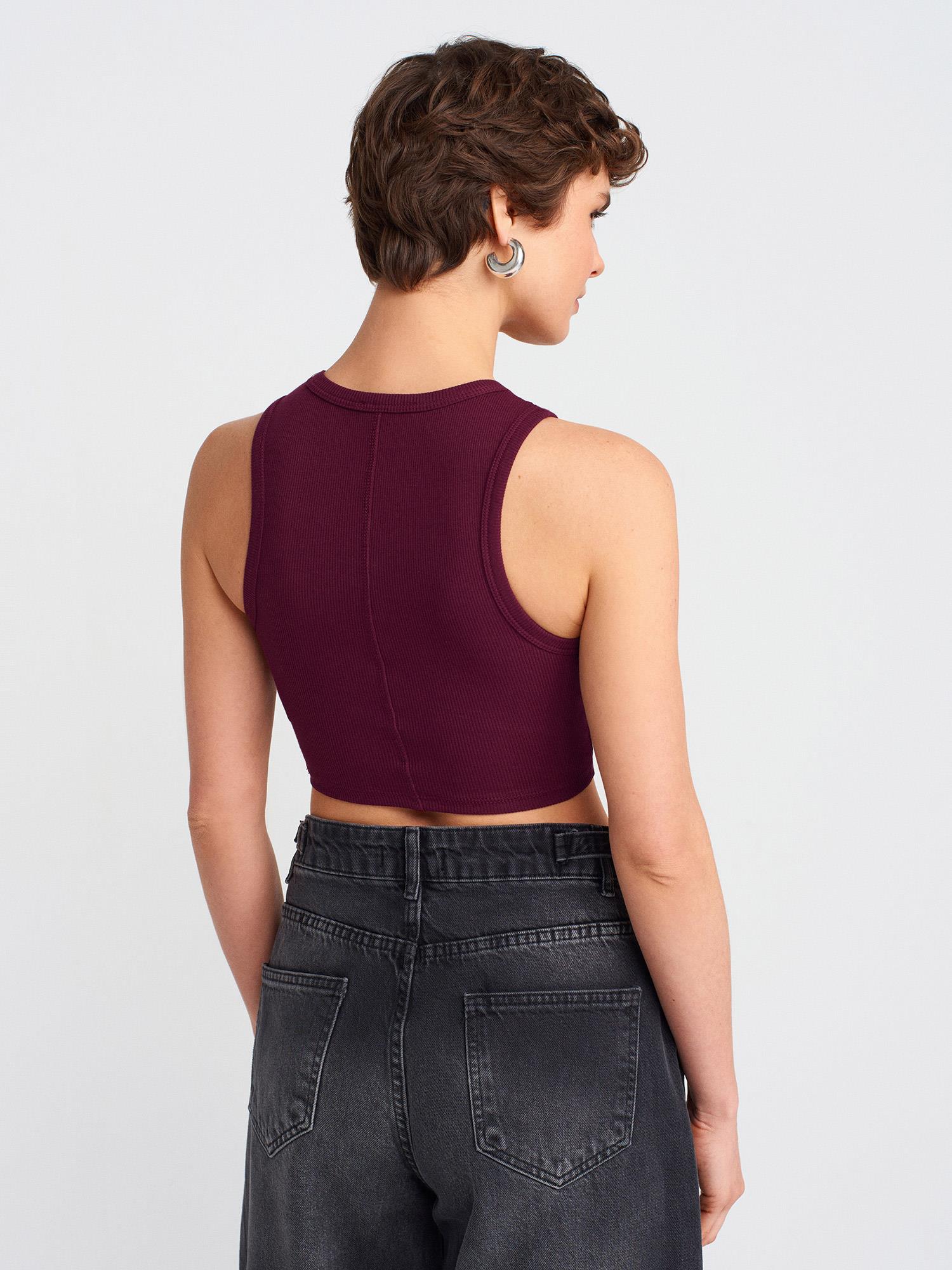Crop 20820 Dikiş Efektli Crop Top Bordo