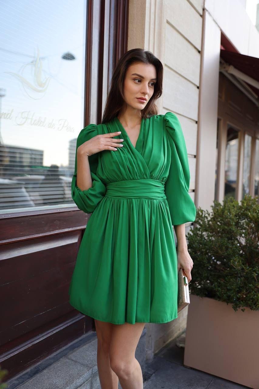 Kısa Elbiseler232621 V Yaka Mini Kloş Elbise Yeşil