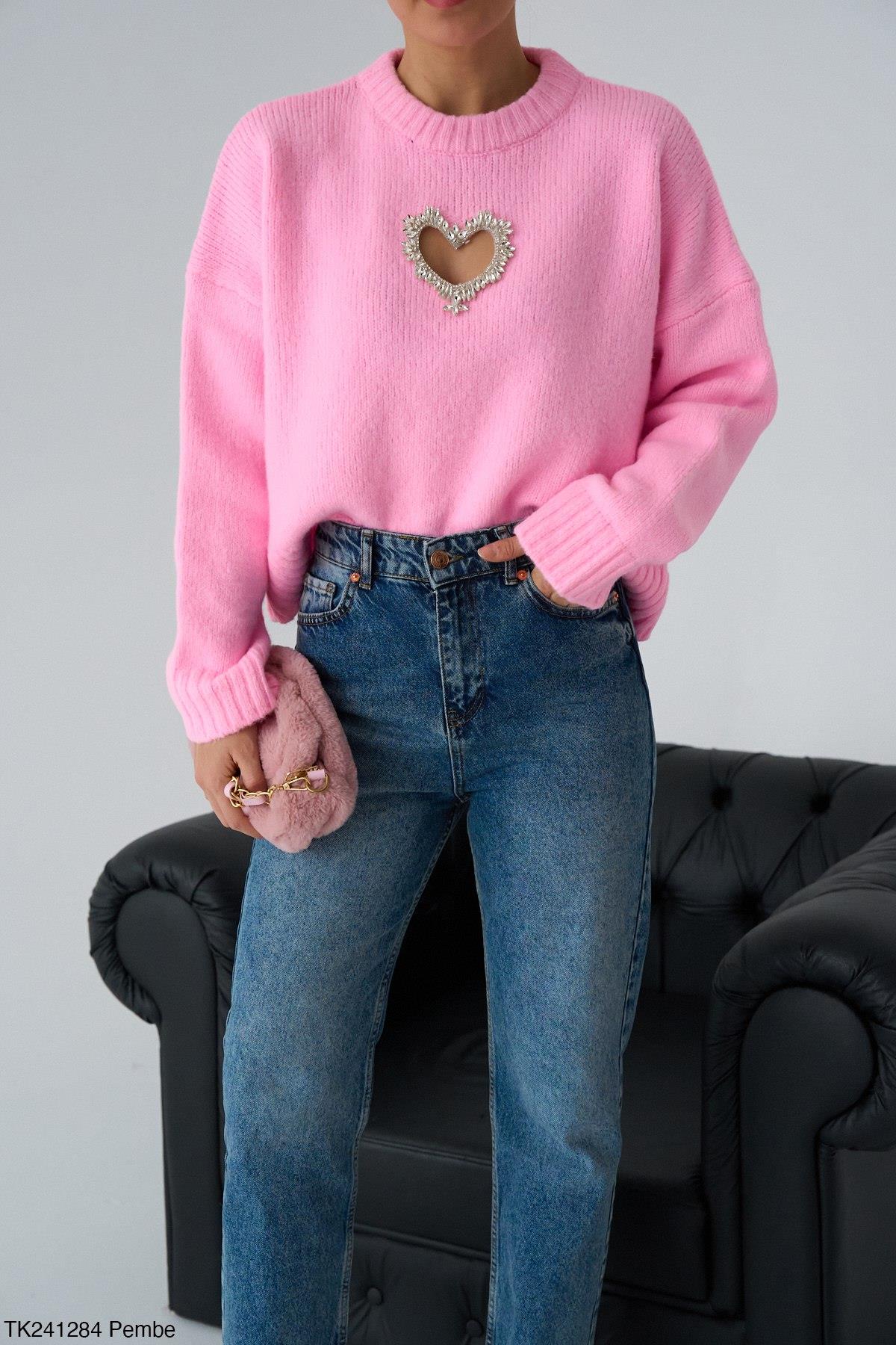 Kazak241284 Kalpli Taşlı Kazak Pembe