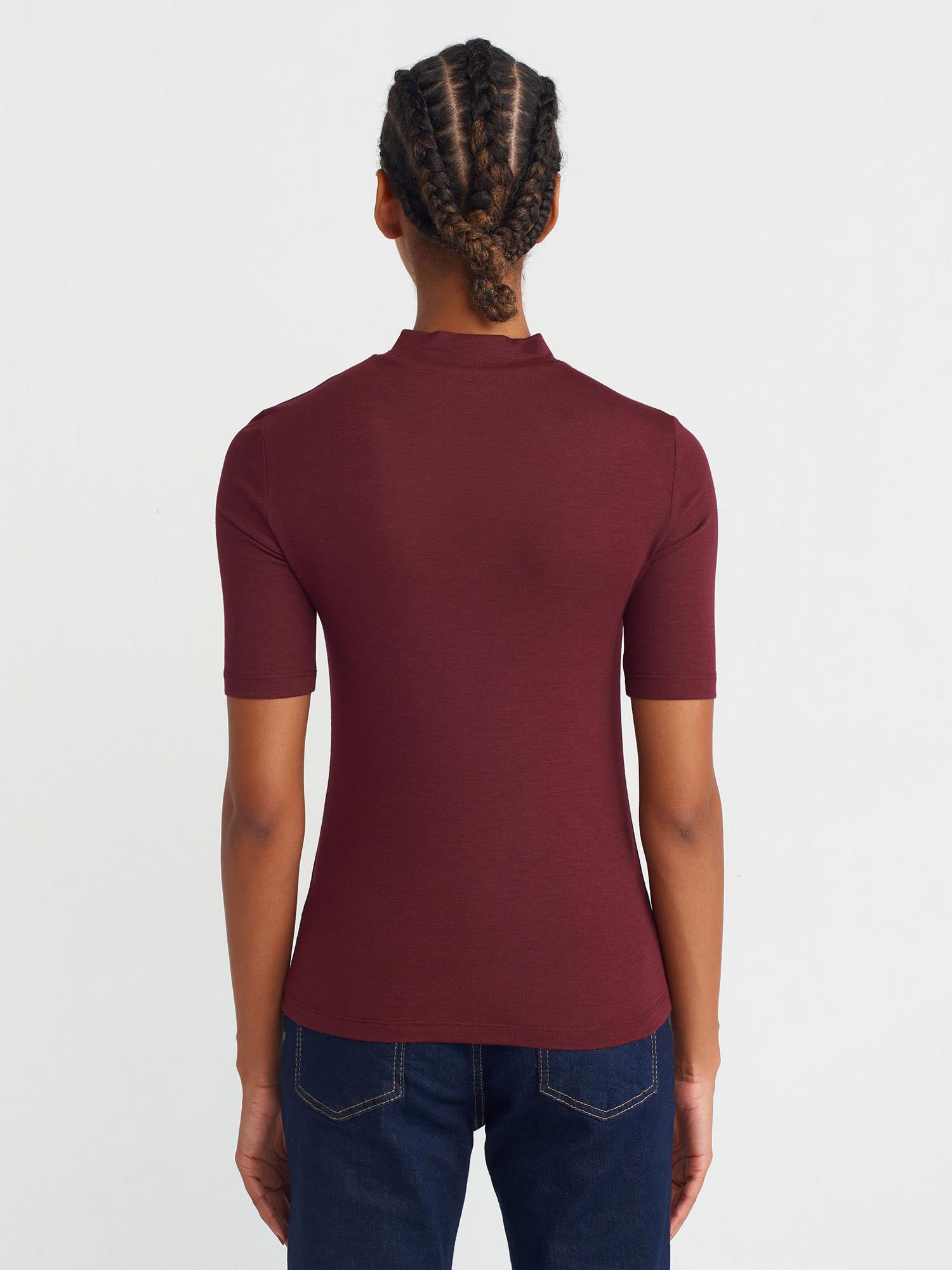 Bluz30481 Yüksek Yakalı T-Shirt Bordo
