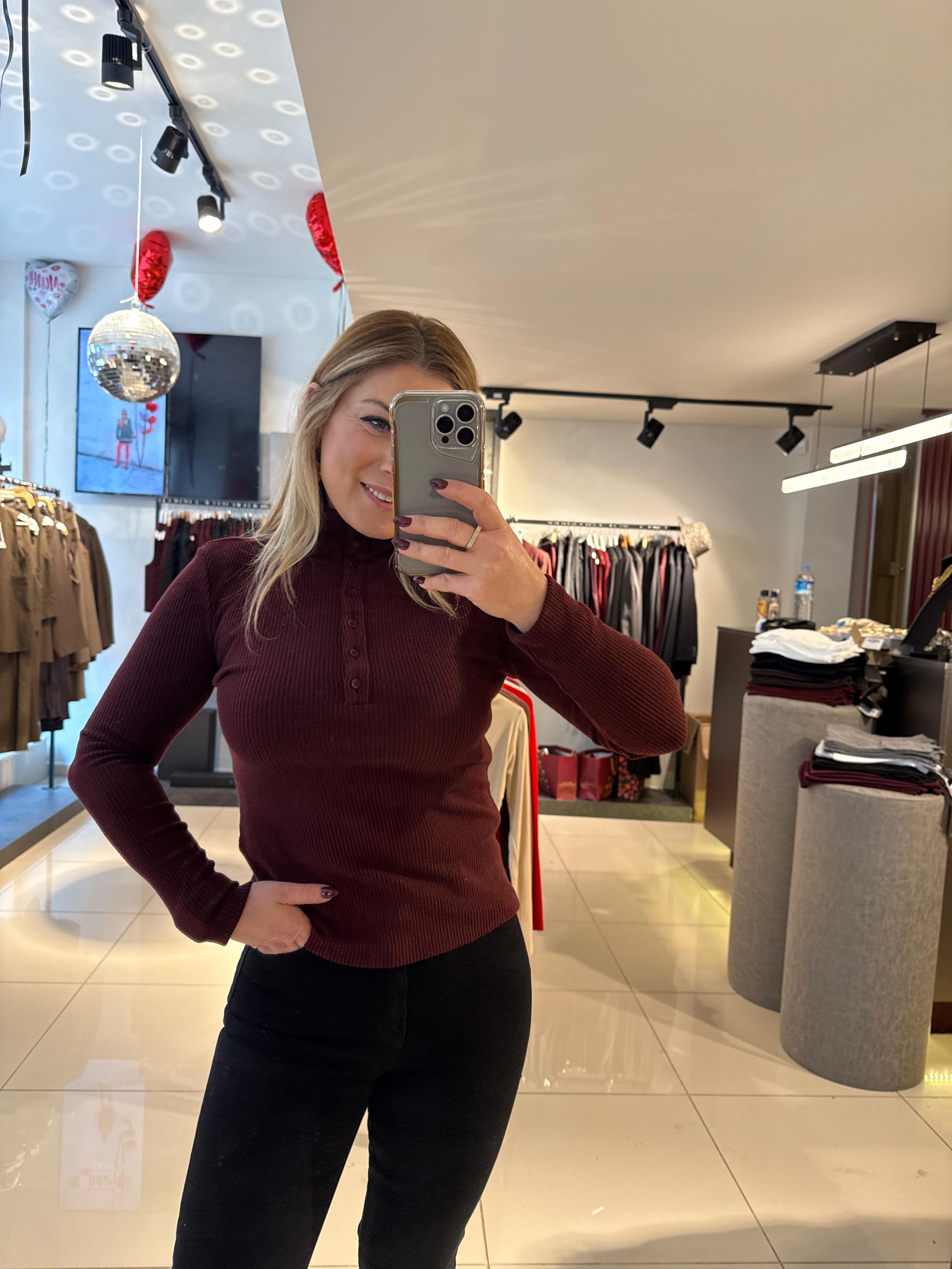 Bluz31435 Balıkçı Yaka Düğmeli Top Bordo