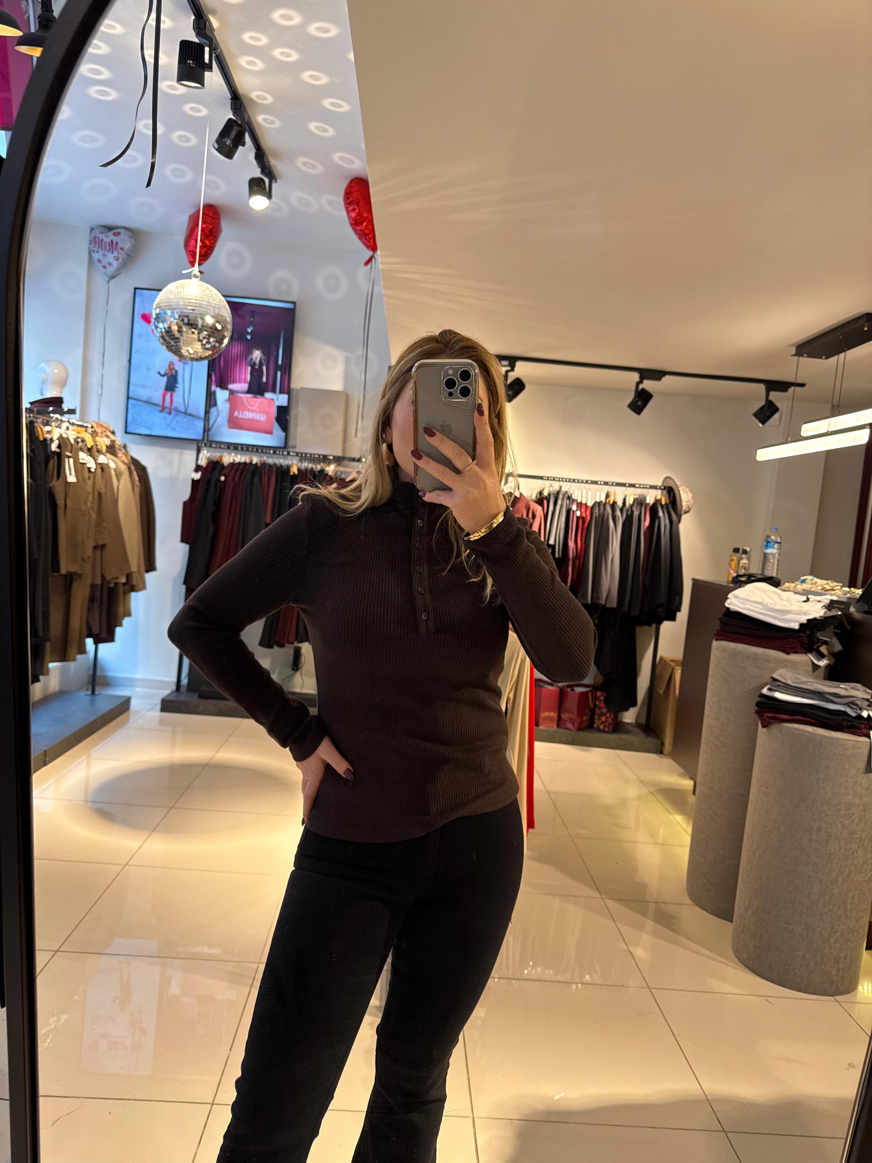Bluz31435 Balıkçı Yaka Düğmeli Top Kahve