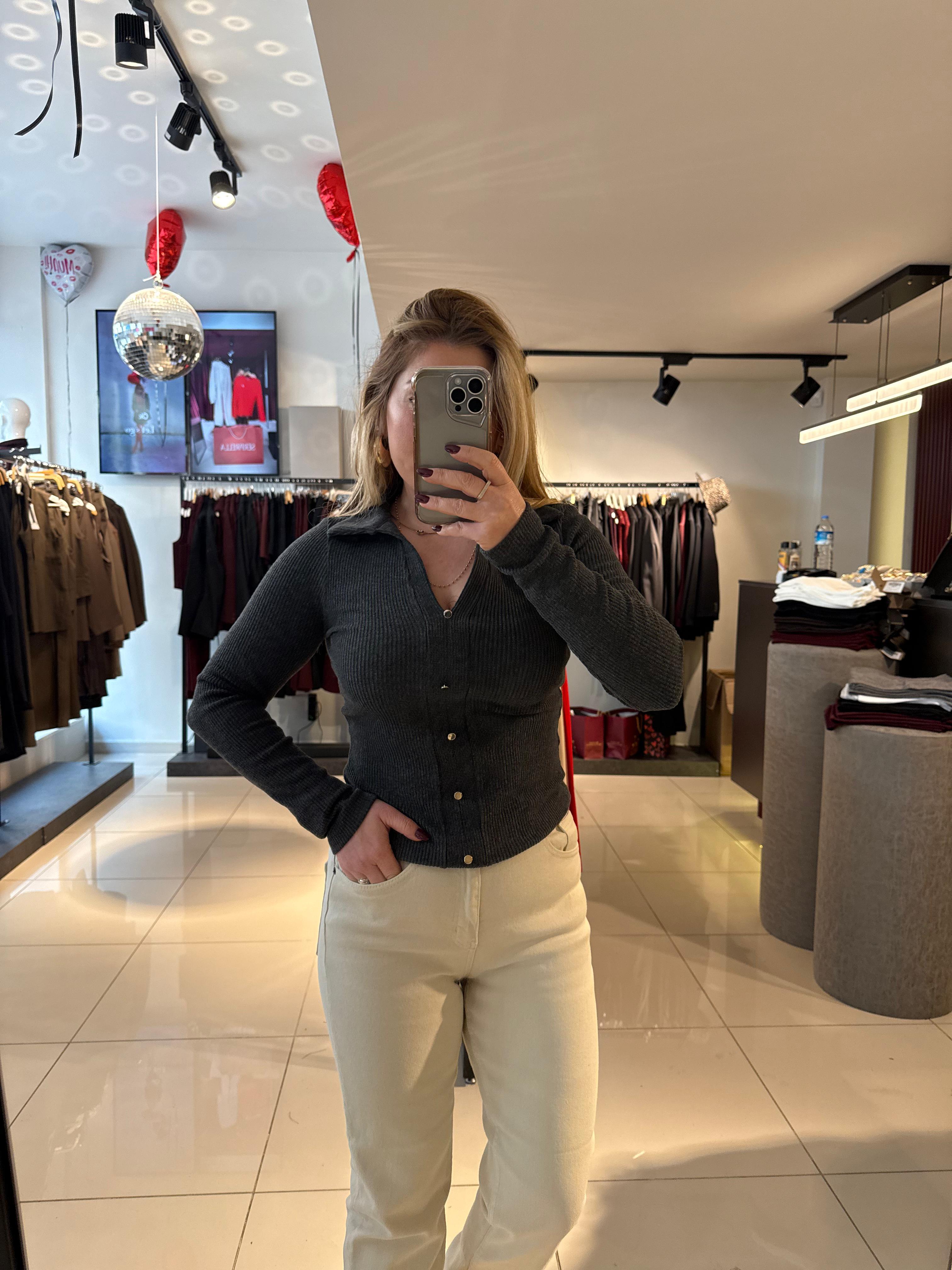 Bluz31436 Polo Yaka Düğme Detay Top Antrasit